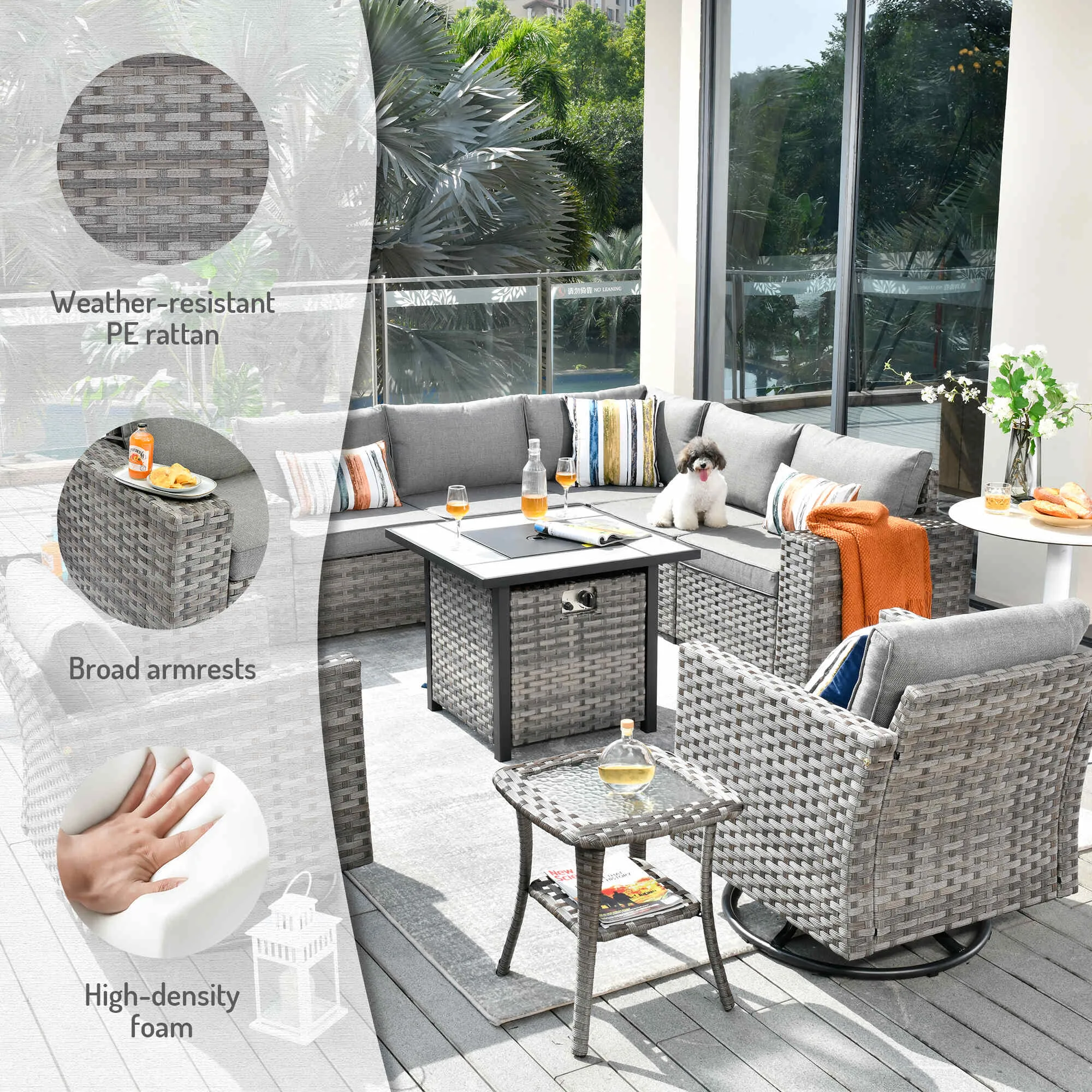 Ovios 10 Pieces Patio Furniture with 7.68'' Handrails and 30'' Fire Pit Table Rocking Chair