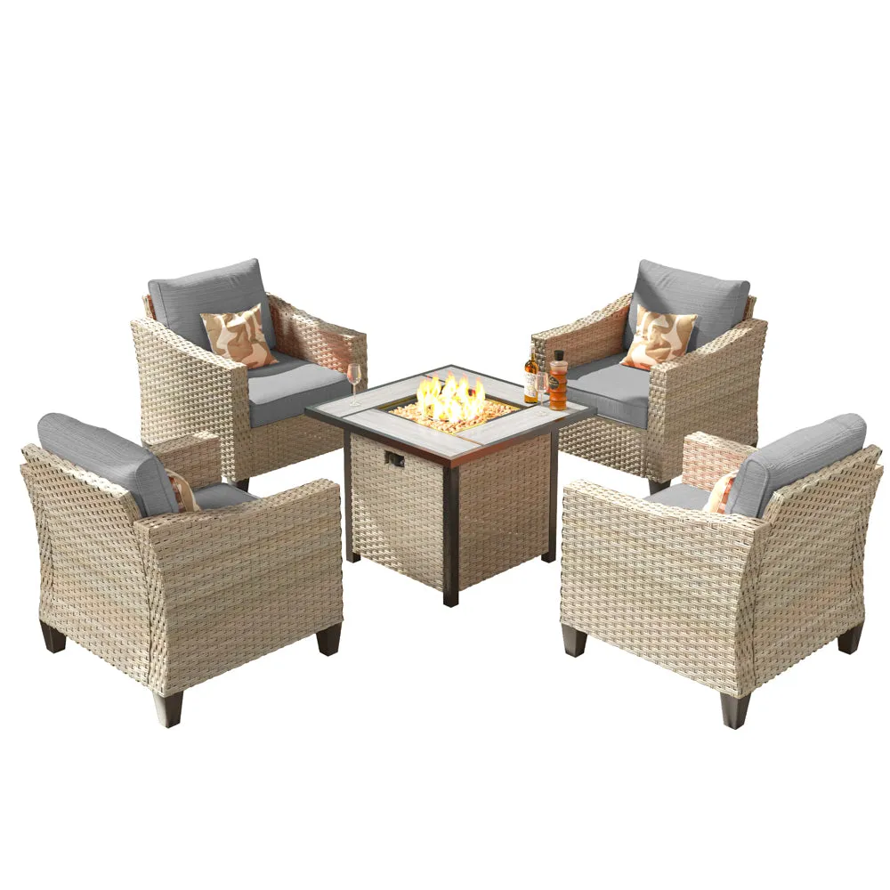 Ovios Athena Series Outdoor Patio Furniture Set with 30'' Fire Pit Table 5-Piece