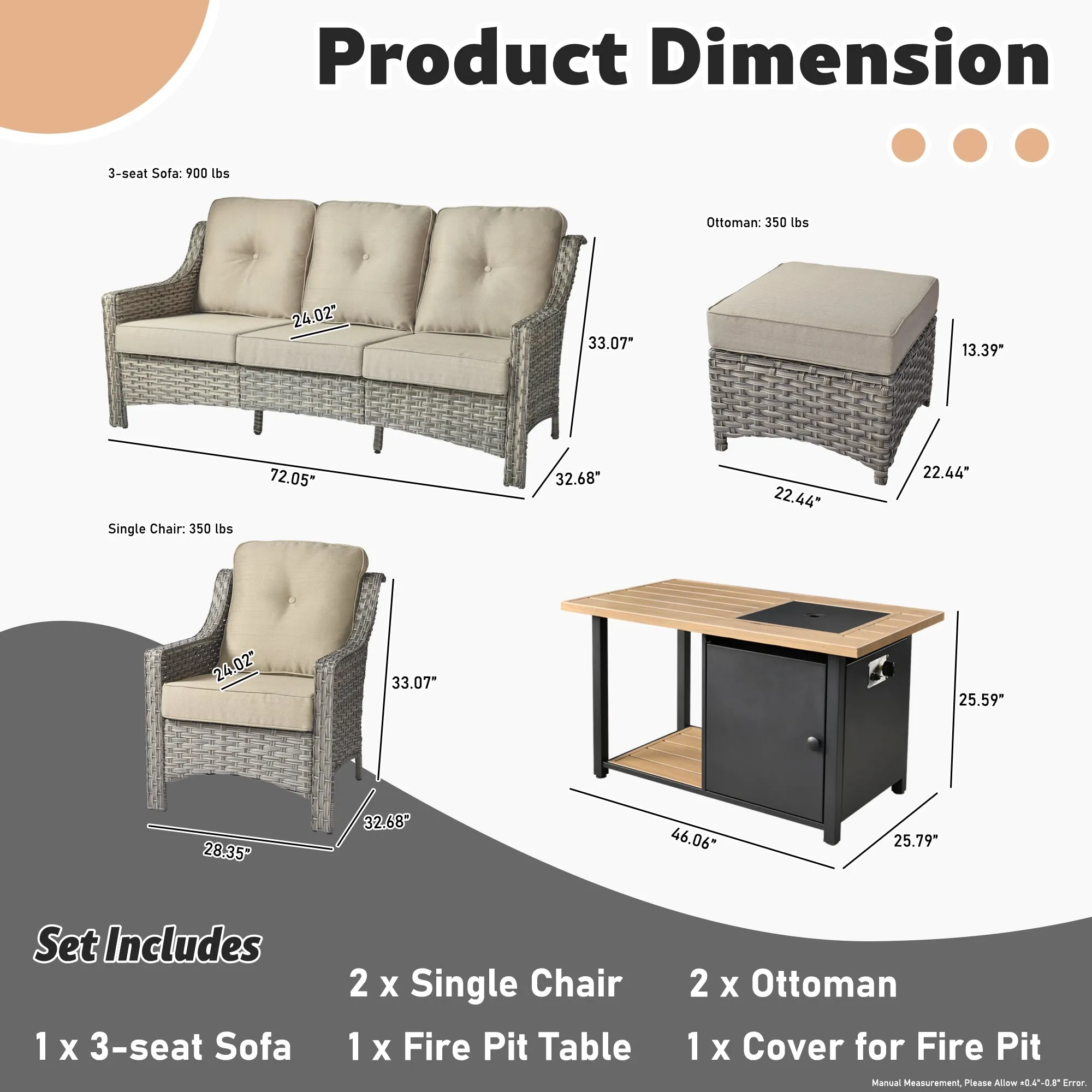 Ovios Conversation Set 6-Piece PAD Series include  46"Fire Pit Table