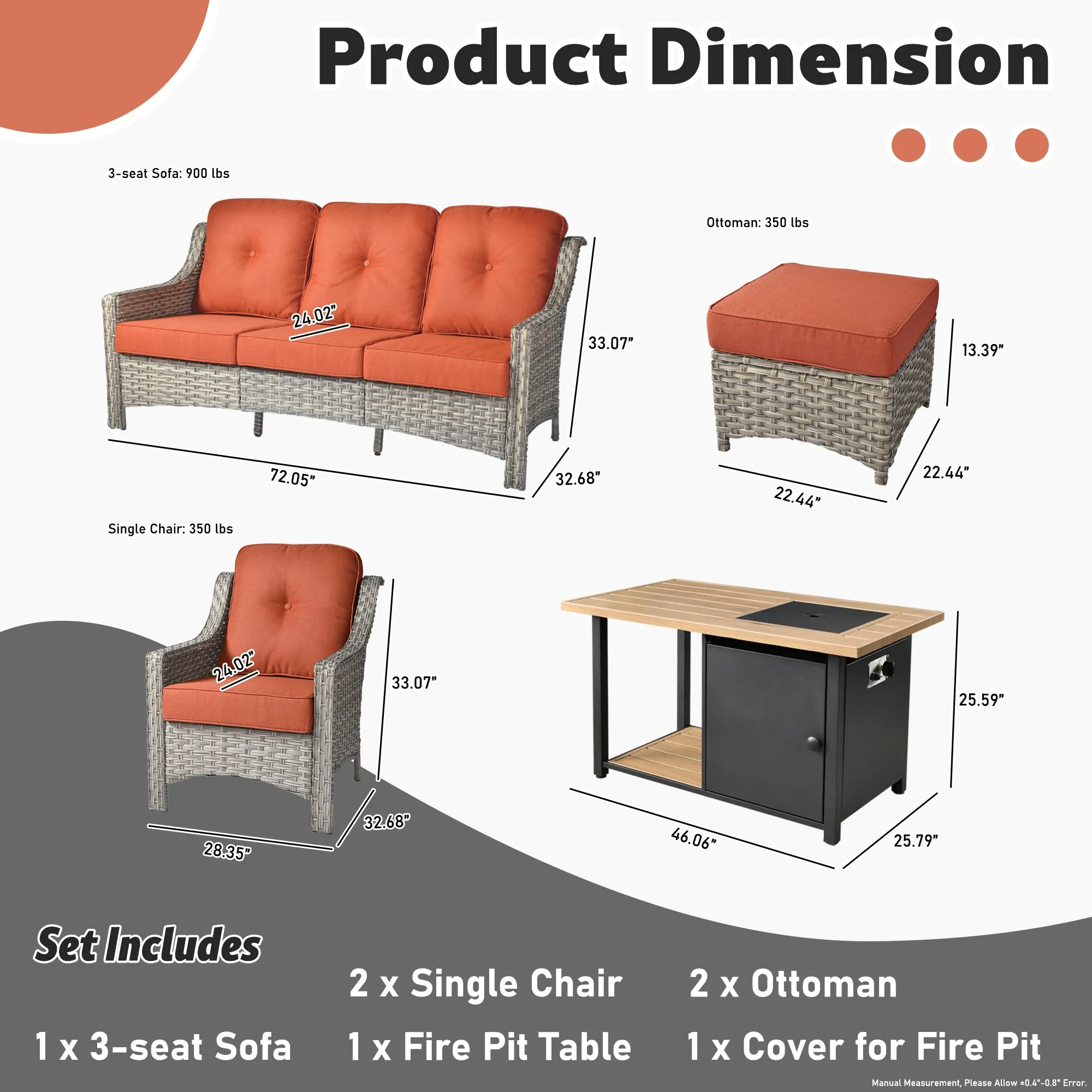 Ovios Conversation Set 6-Piece PAD Series include  46"Fire Pit Table
