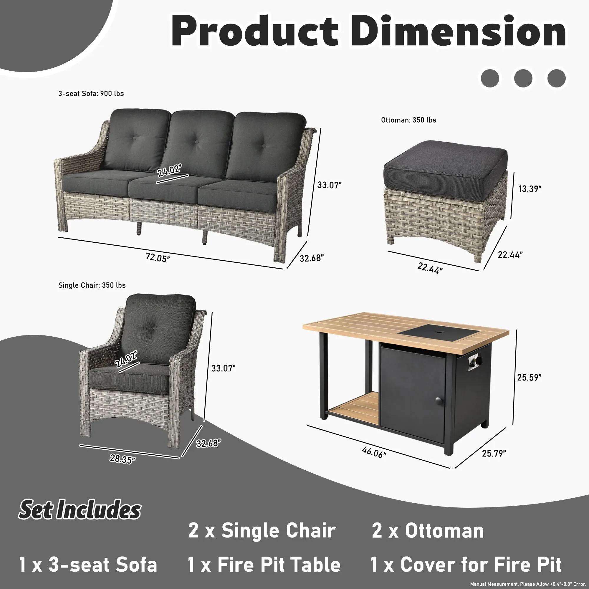 Ovios Conversation Set 6-Piece PAD Series include  46"Fire Pit Table