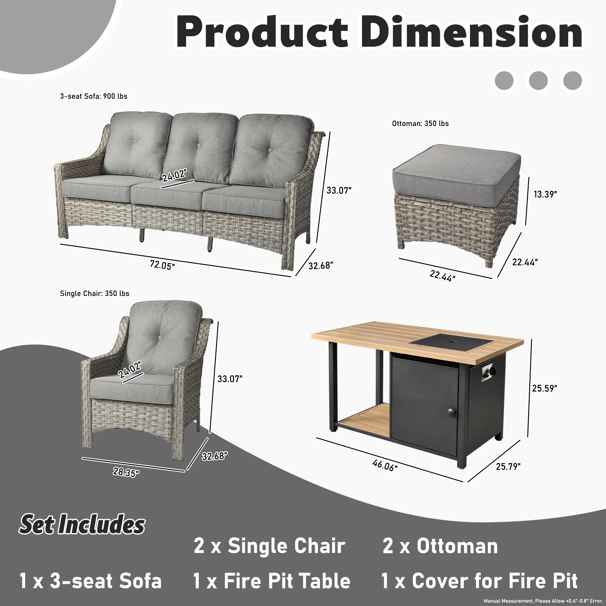 Ovios Conversation Set 6-Piece PAD Series include  46"Fire Pit Table
