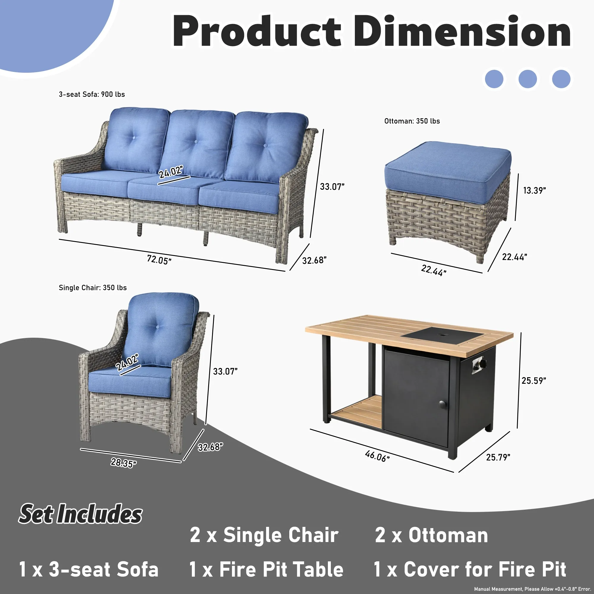 Ovios Conversation Set 6-Piece PAD Series include  46"Fire Pit Table