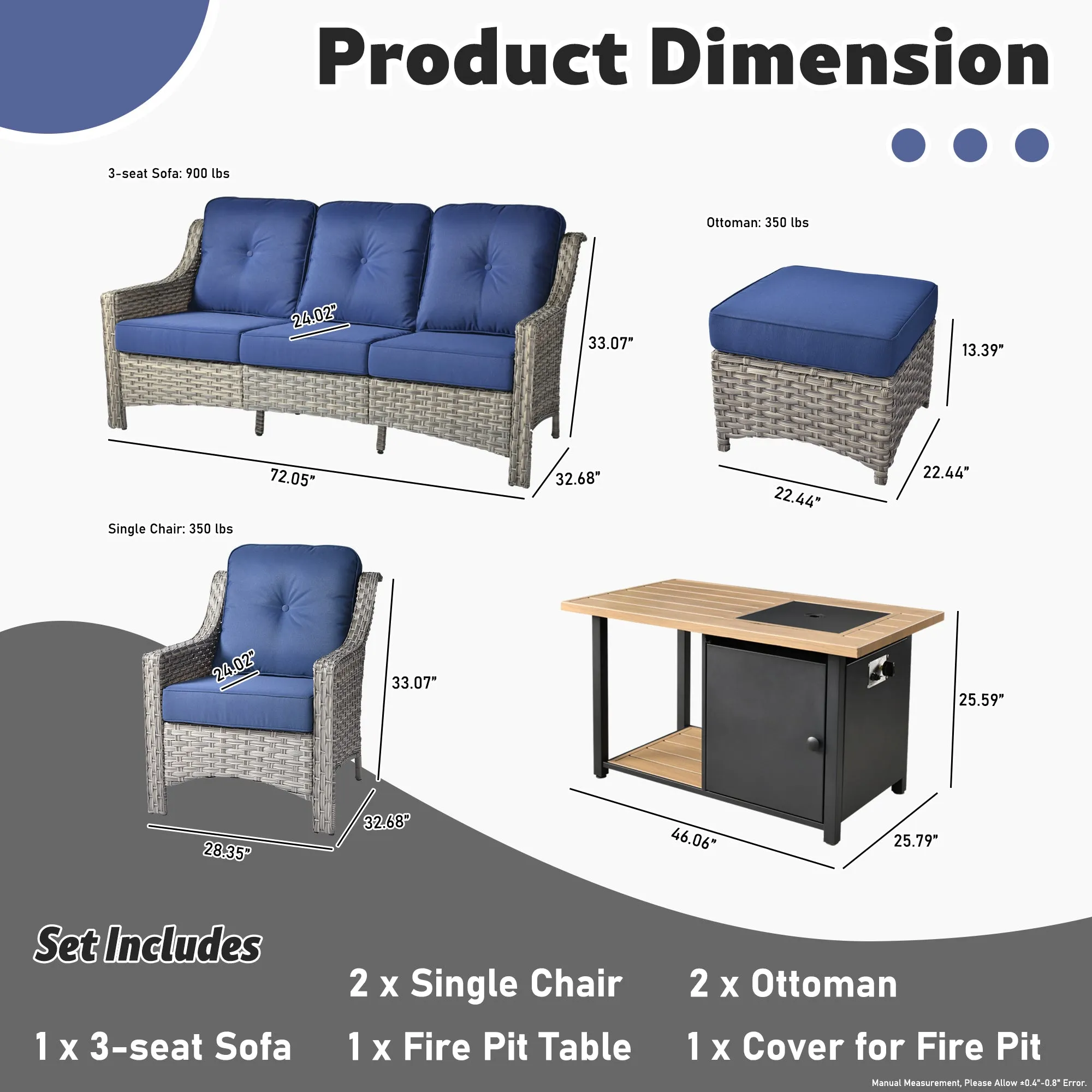Ovios Conversation Set 6-Piece PAD Series include  46"Fire Pit Table