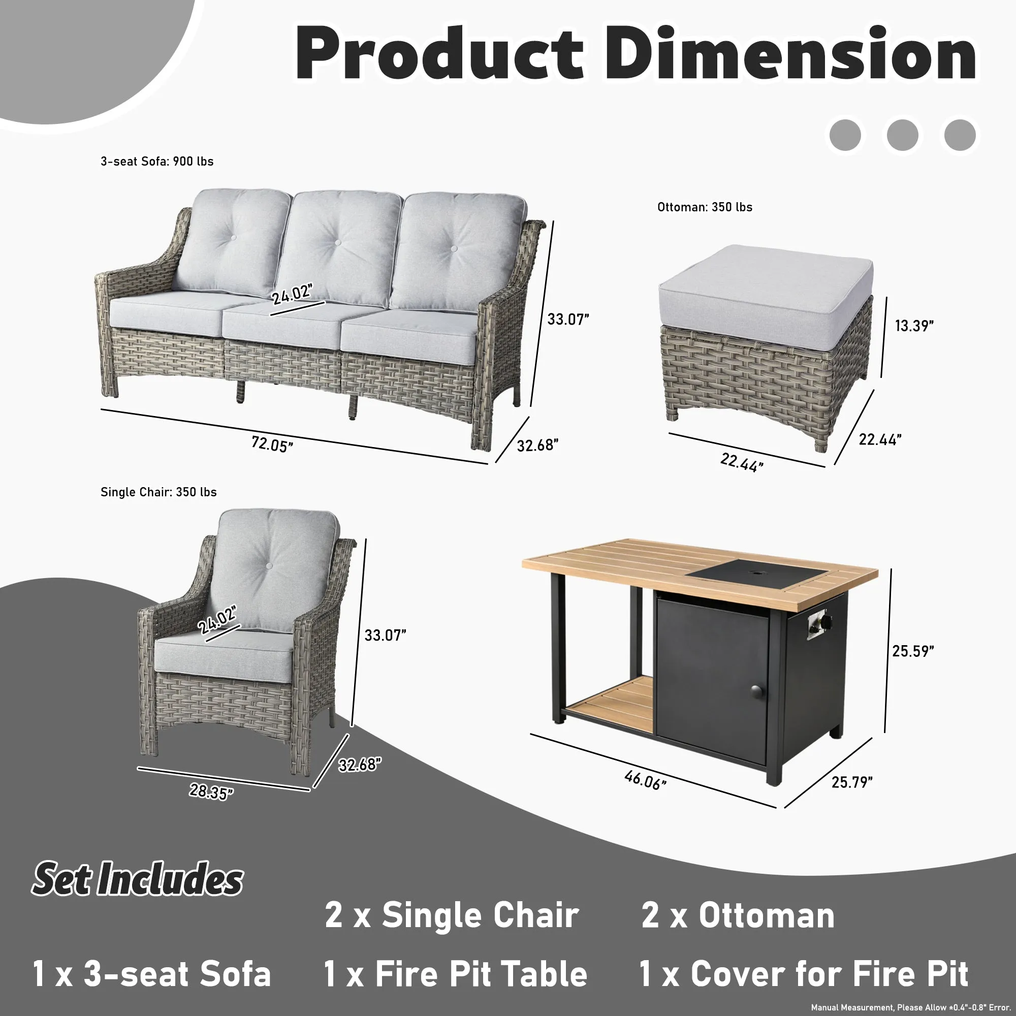 Ovios Conversation Set 6-Piece PAD Series include  46"Fire Pit Table