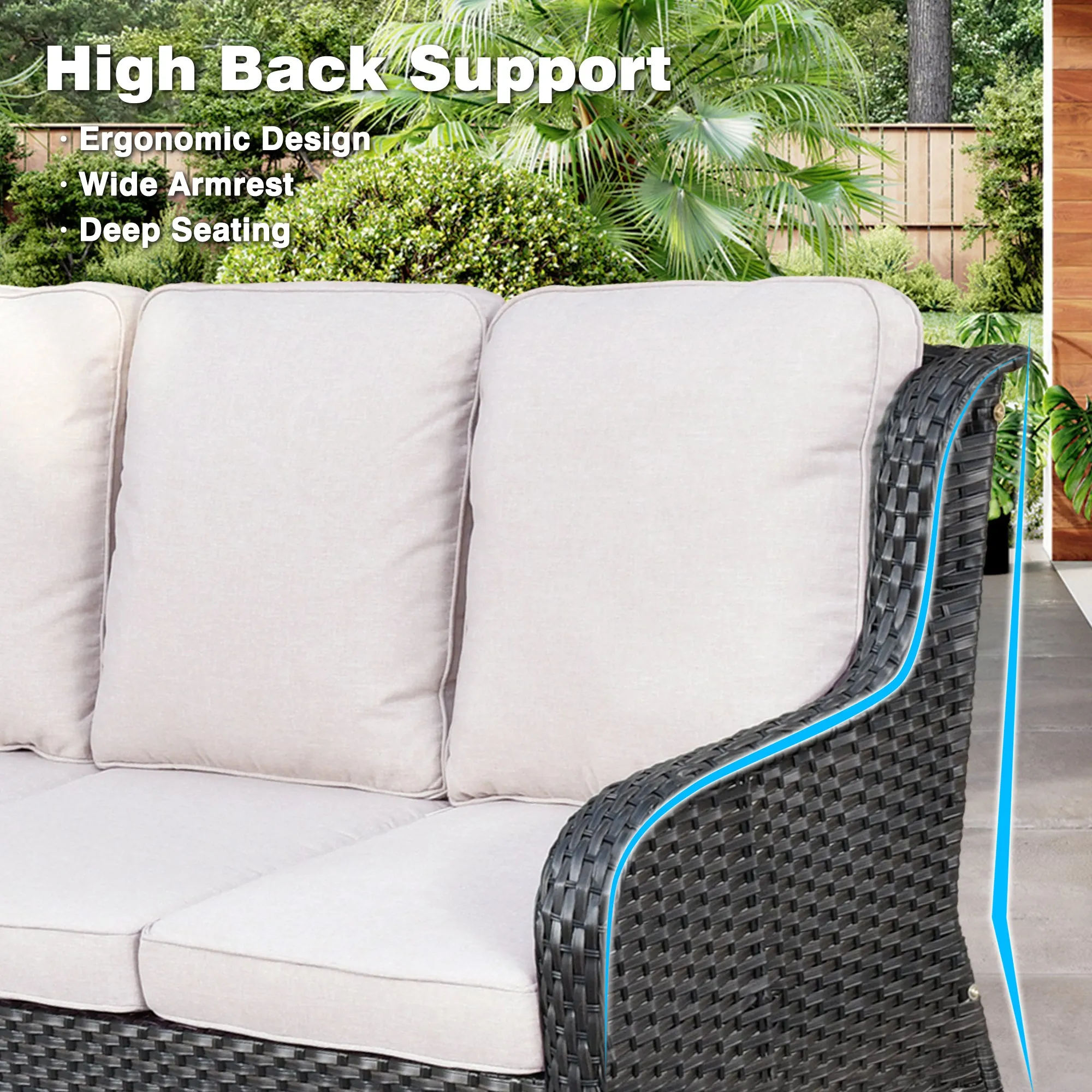 Ovios Outdoor Couch 3-Piece with Ottoman Kenard Curved Handrest