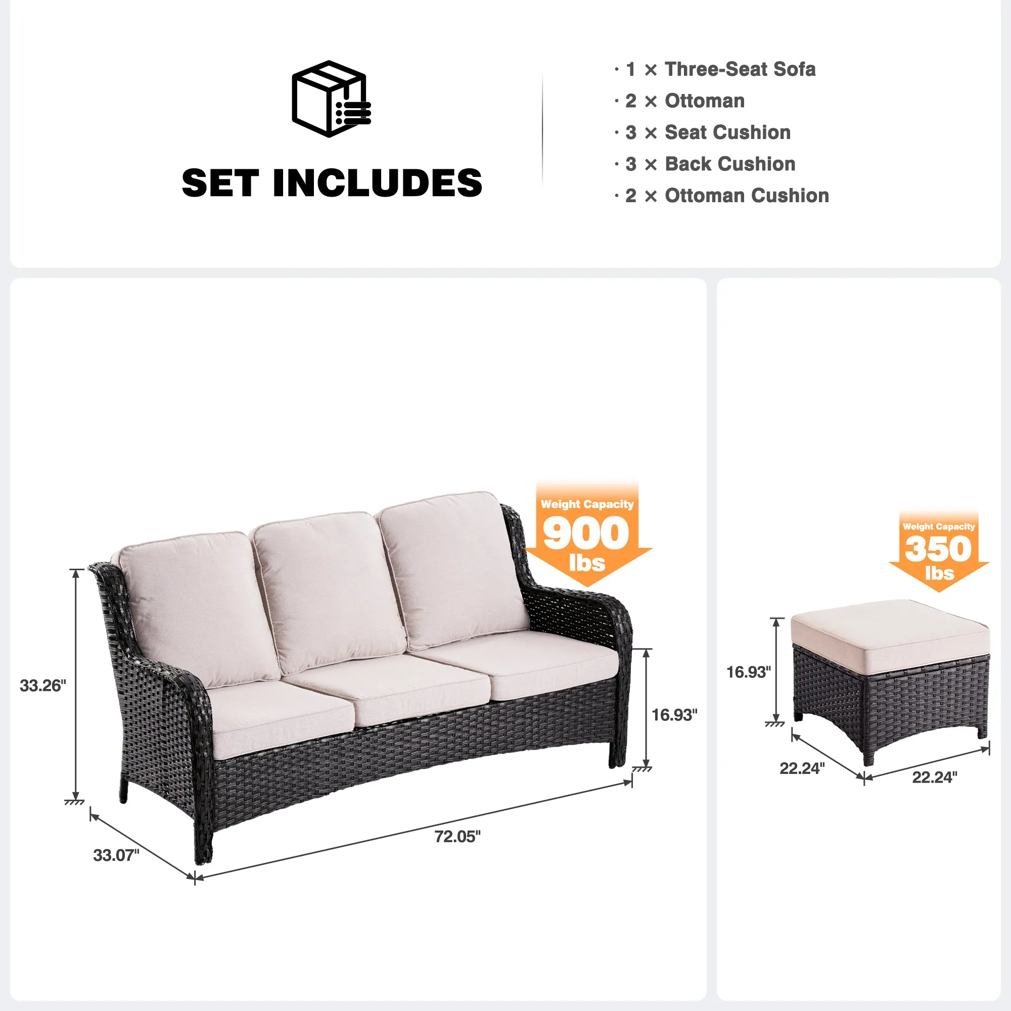 Ovios Outdoor Couch 3-Piece with Ottoman Kenard Curved Handrest