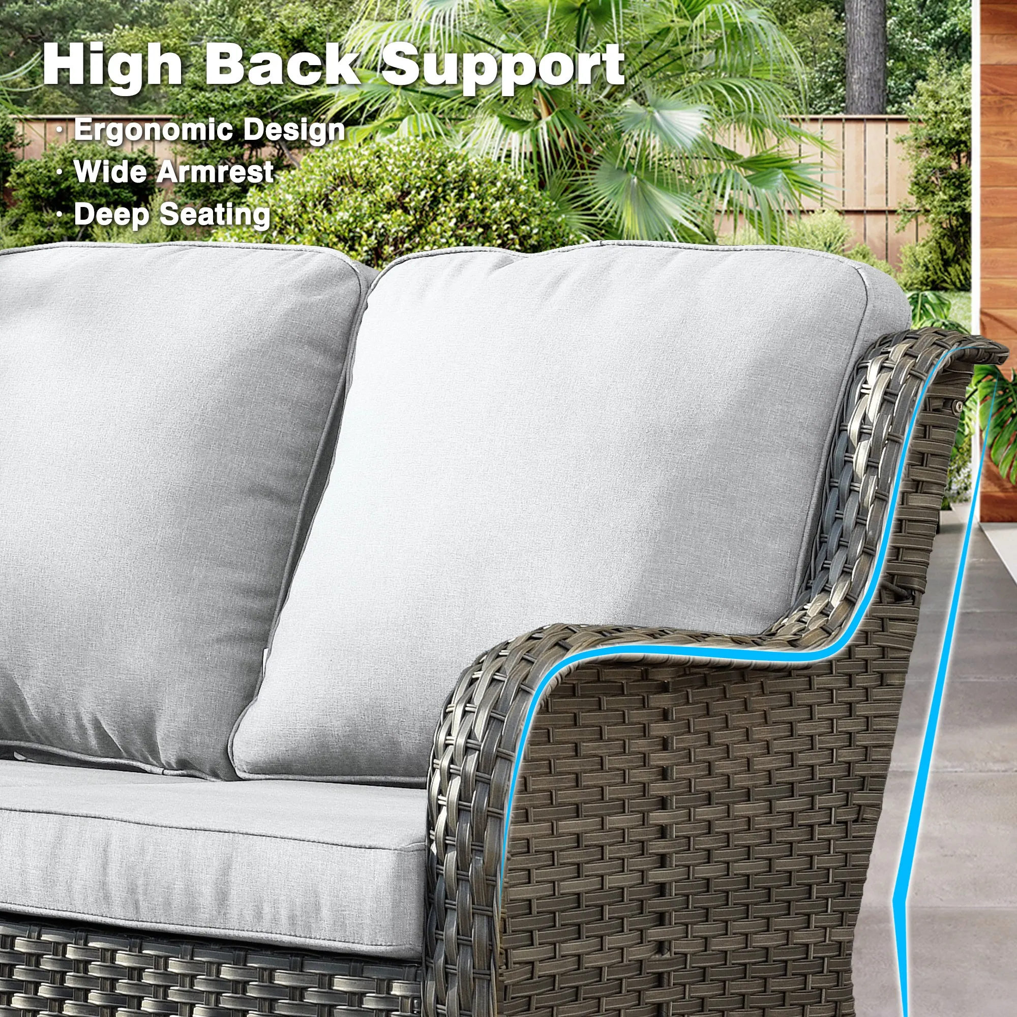 Ovios Outdoor Couch 3-Piece with Ottoman Kenard Curved Handrest