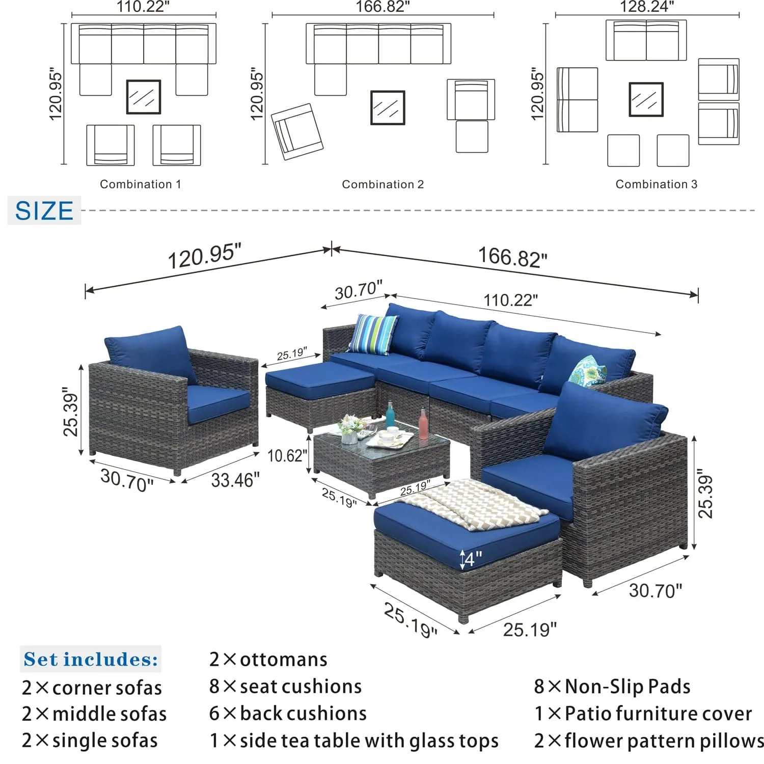 Ovios Outdoor Furniture Bigger Size 9-Piece, King Series, Fully Assembled, with 2 Chairs