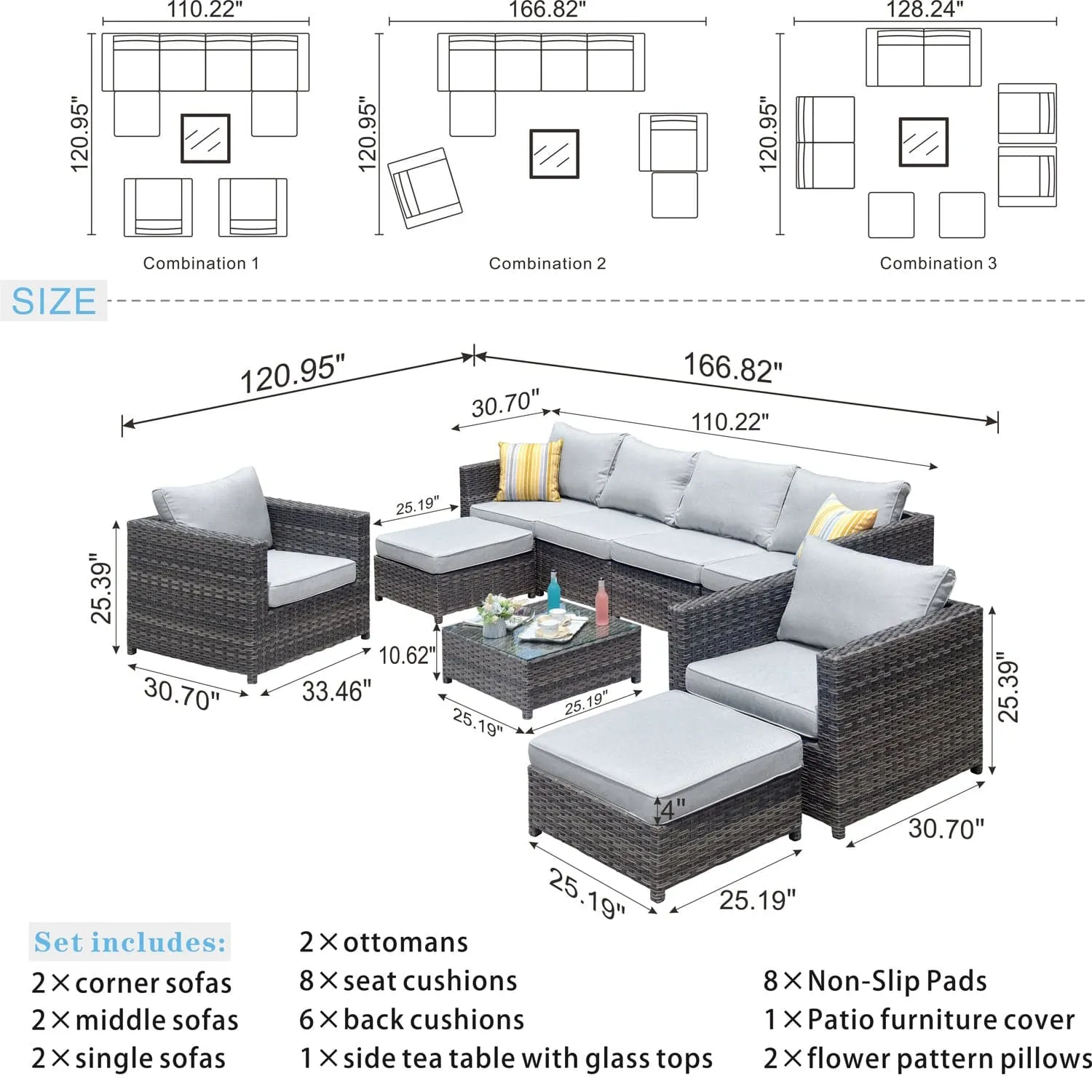 Ovios Outdoor Furniture Bigger Size 9-Piece, King Series, Fully Assembled, with 2 Chairs