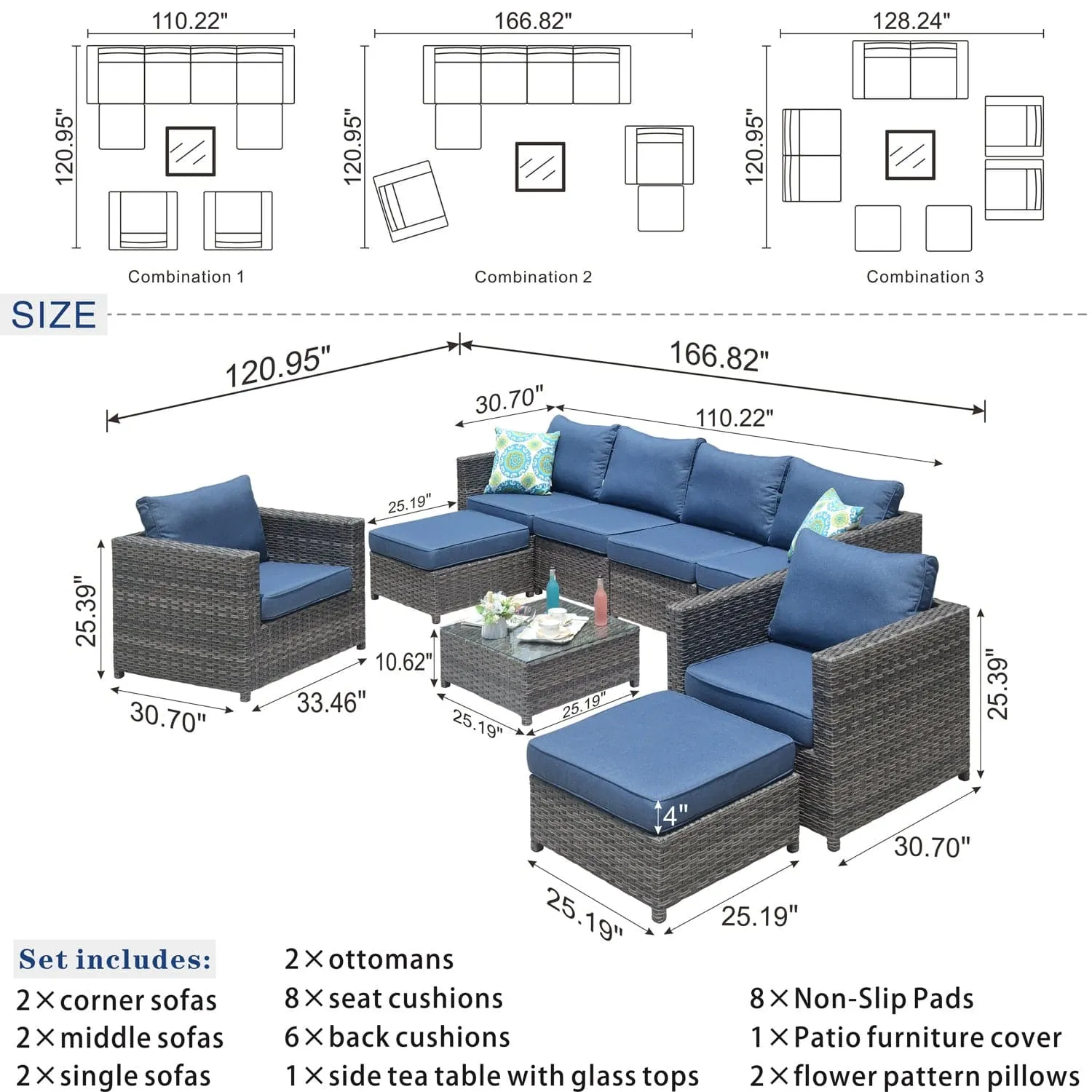Ovios Outdoor Furniture Bigger Size 9-Piece, King Series, Fully Assembled, with 2 Chairs