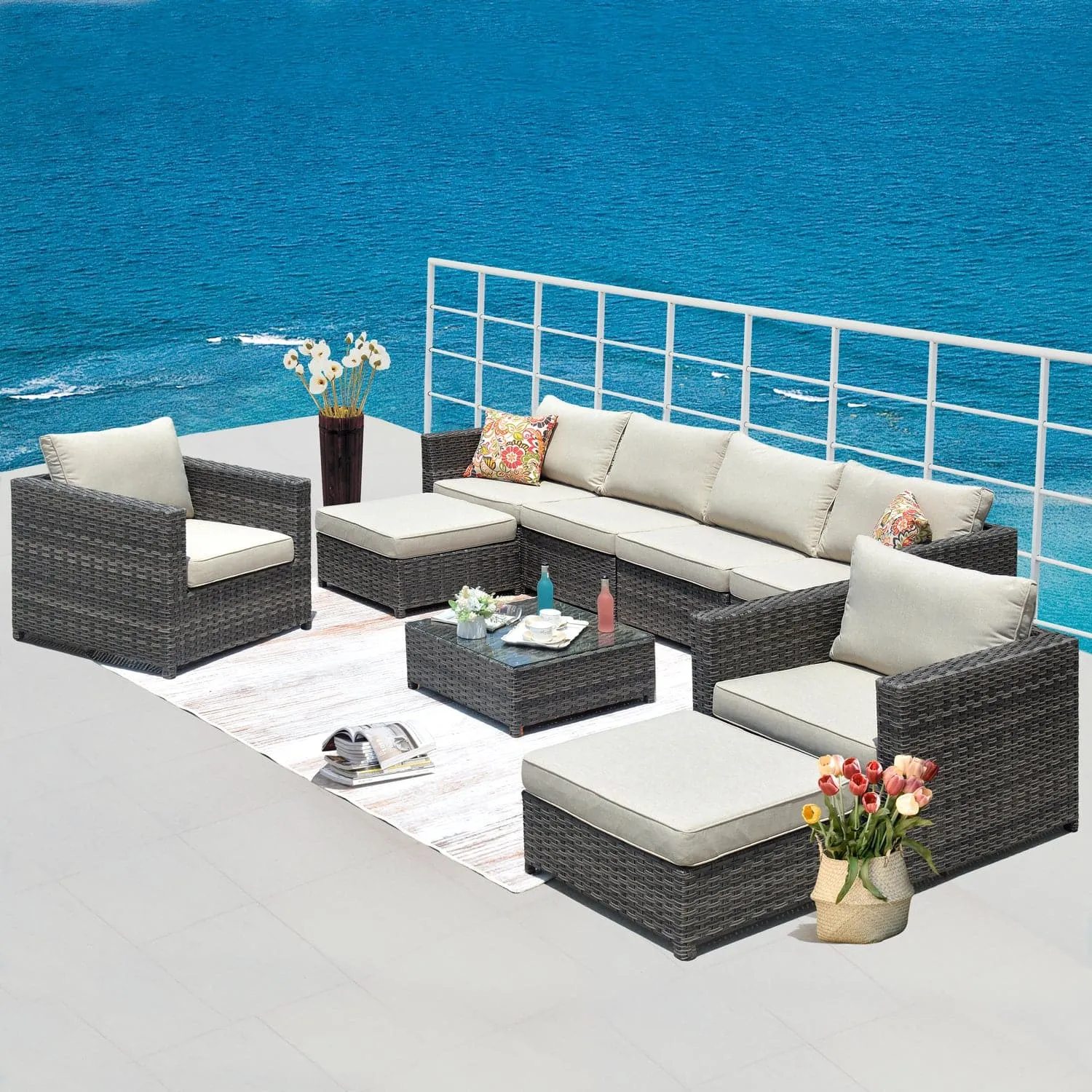 Ovios Outdoor Furniture Bigger Size 9-Piece, King Series, Fully Assembled, with 2 Chairs