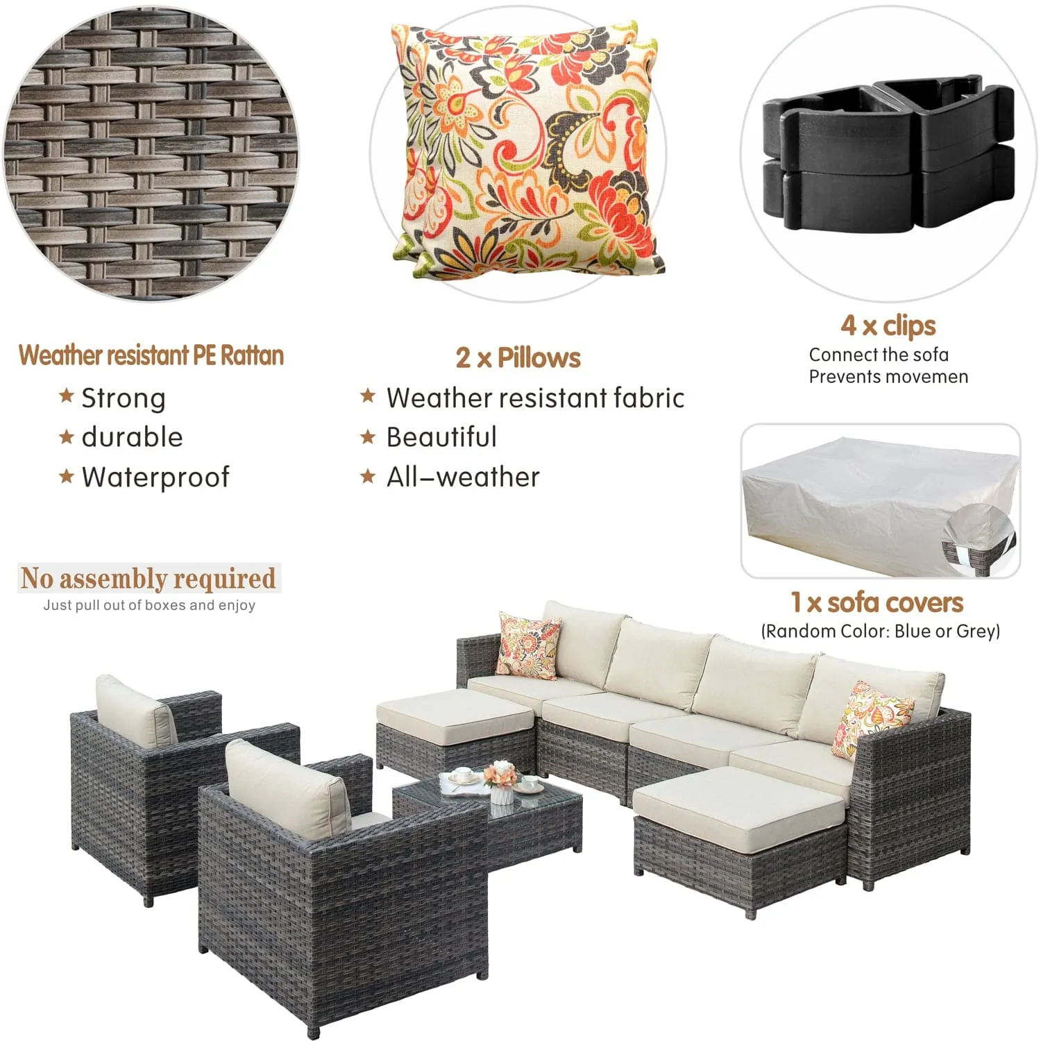Ovios Outdoor Furniture Bigger Size 9-Piece, King Series, Fully Assembled, with 2 Chairs