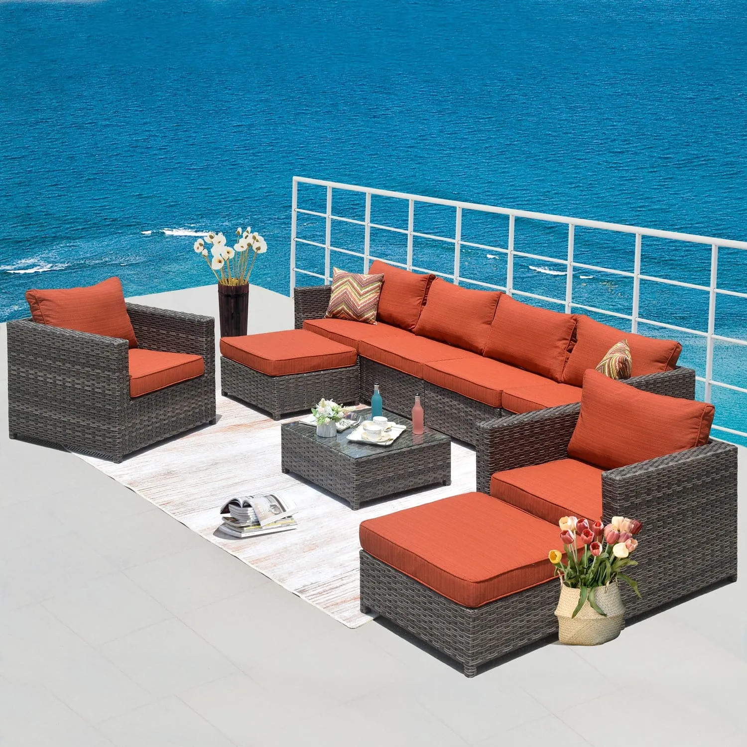 Ovios Outdoor Furniture Bigger Size 9-Piece, King Series, Fully Assembled, with 2 Chairs