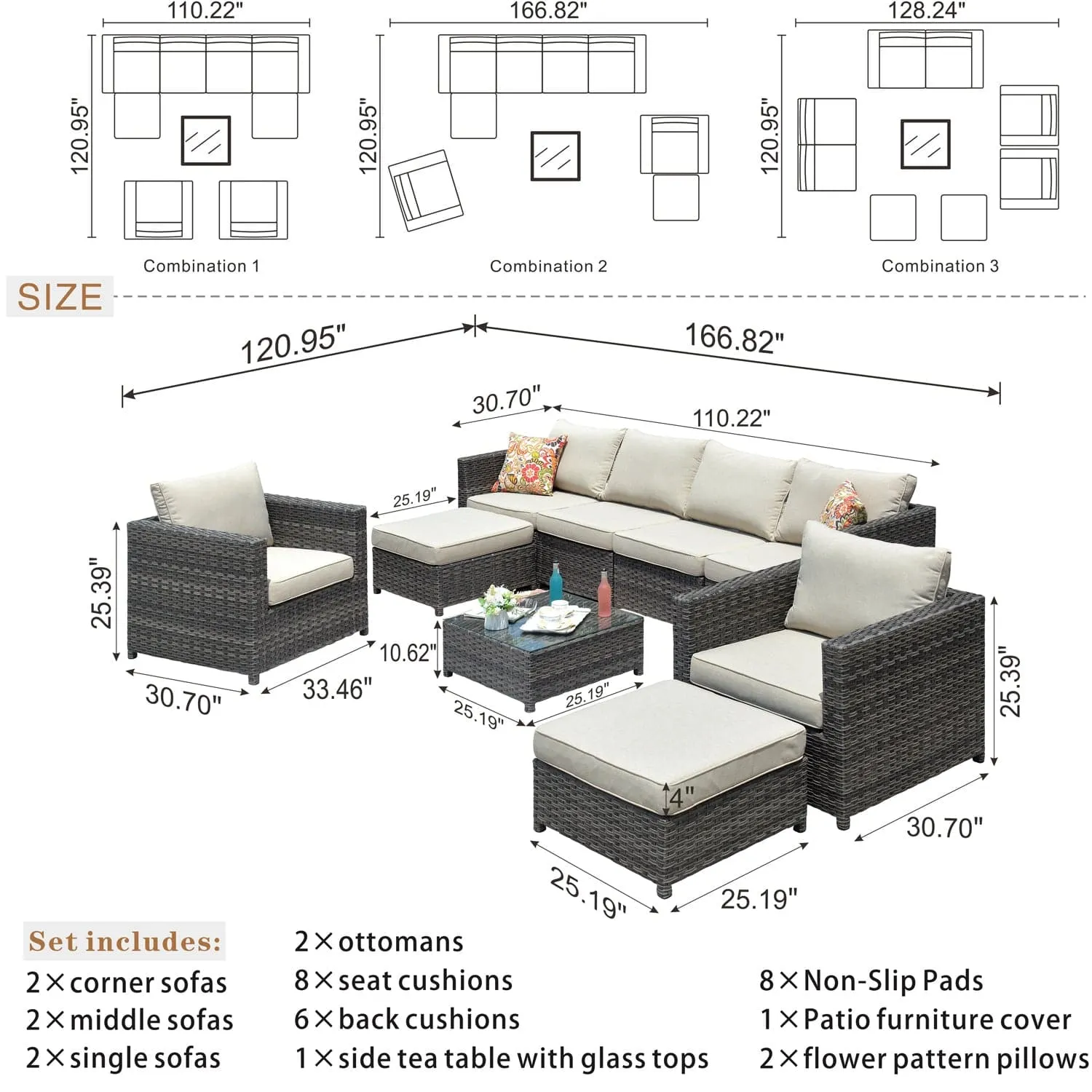 Ovios Outdoor Furniture Bigger Size 9-Piece, King Series, Fully Assembled, with 2 Chairs