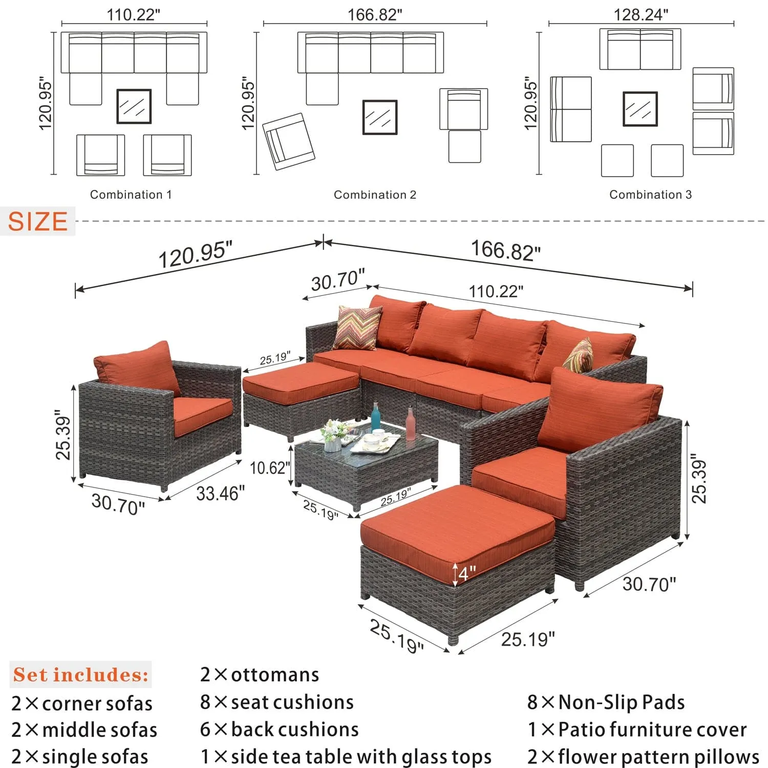 Ovios Outdoor Furniture Bigger Size 9-Piece, King Series, Fully Assembled, with 2 Chairs