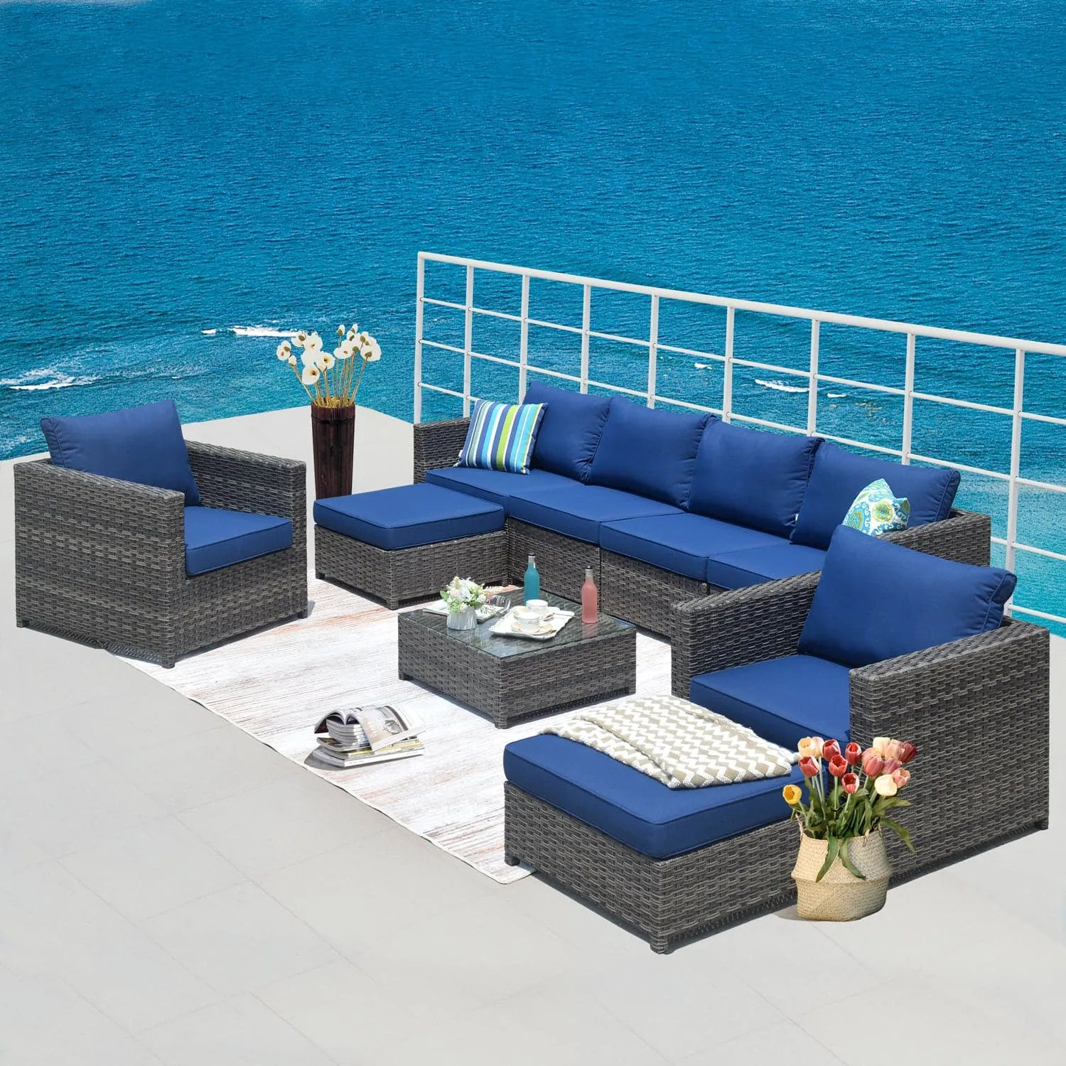 Ovios Outdoor Furniture Bigger Size 9-Piece, King Series, Fully Assembled, with 2 Chairs