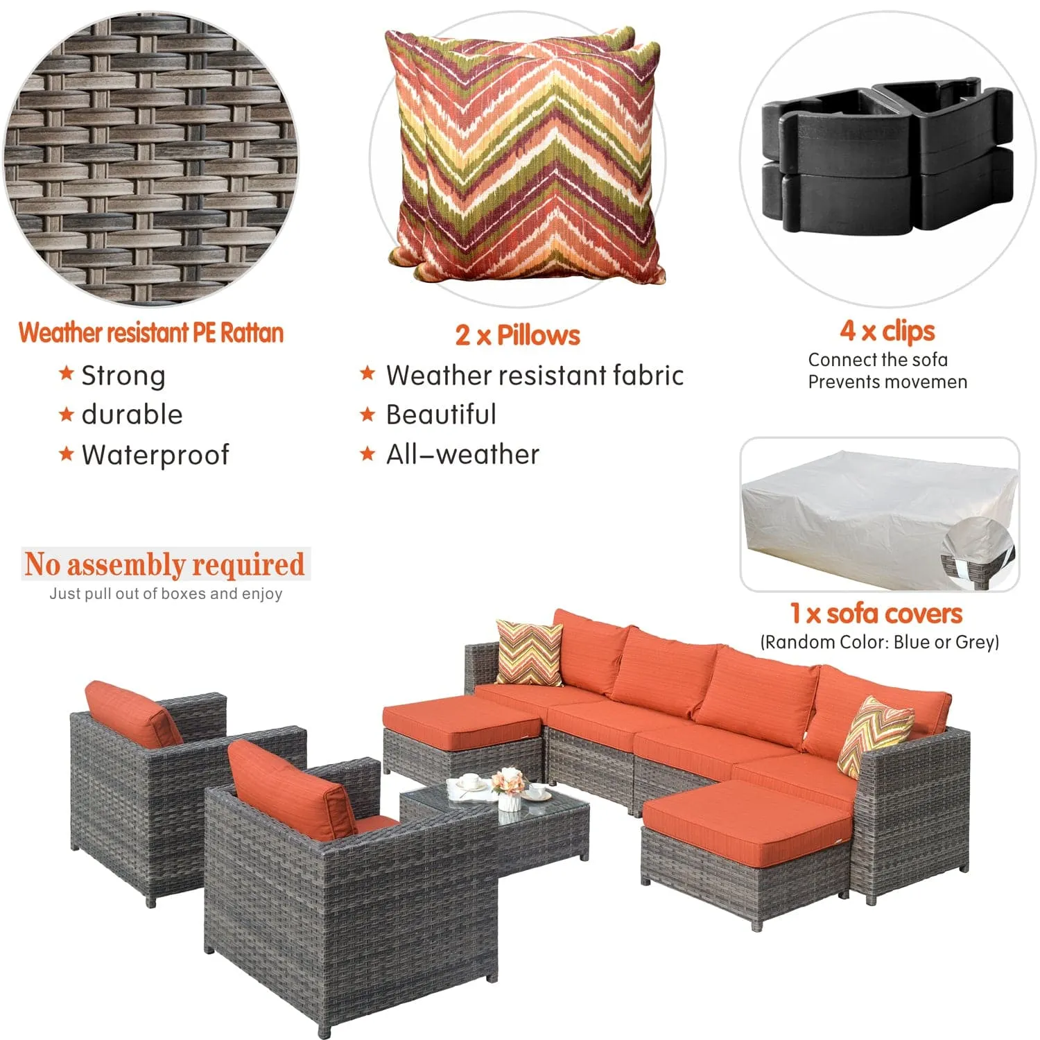 Ovios Outdoor Furniture Bigger Size 9-Piece, King Series, Fully Assembled, with 2 Chairs