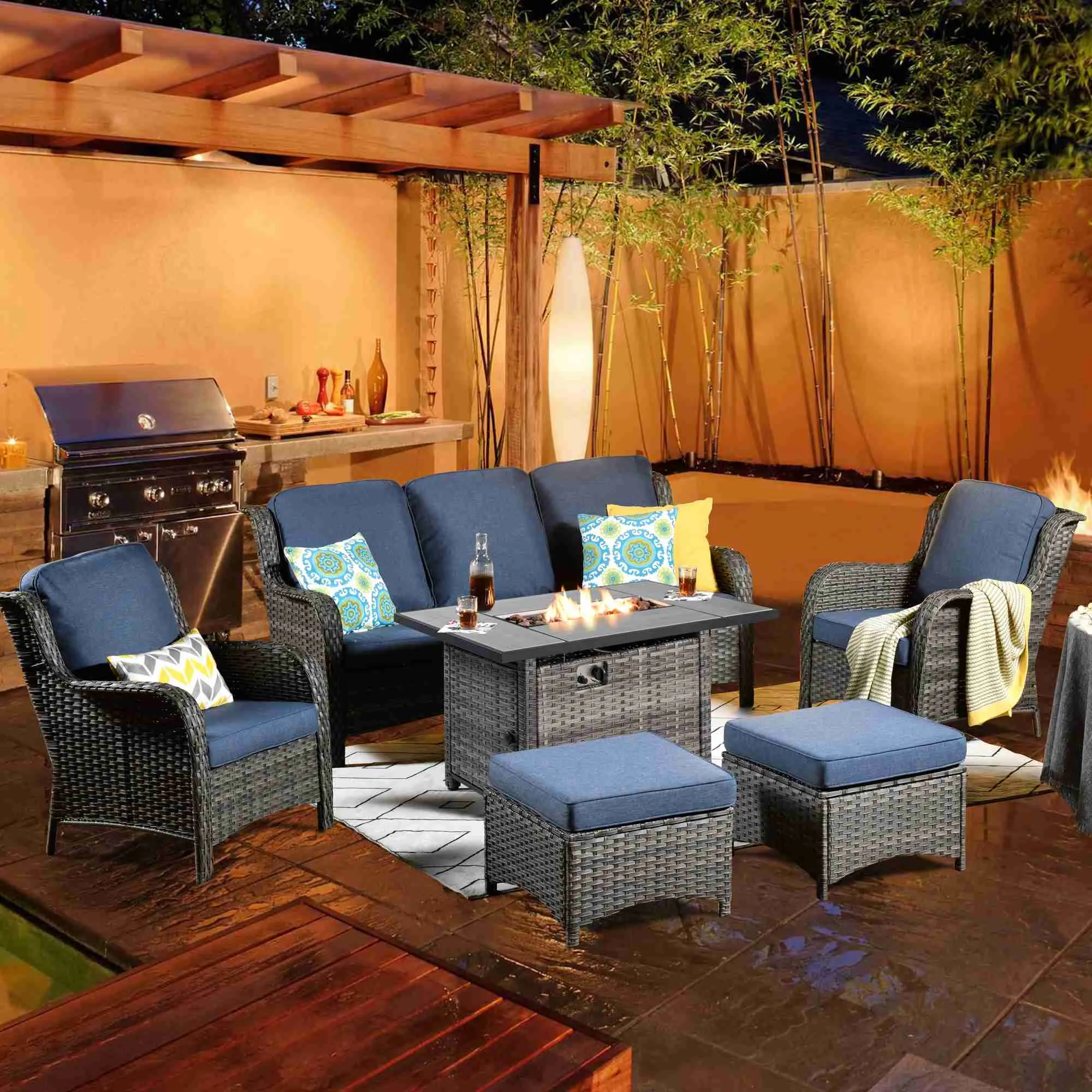 Ovios Patio 6-Piece Conversation Set with 42'' Rectangle Propane Fire Pit Table Kenard