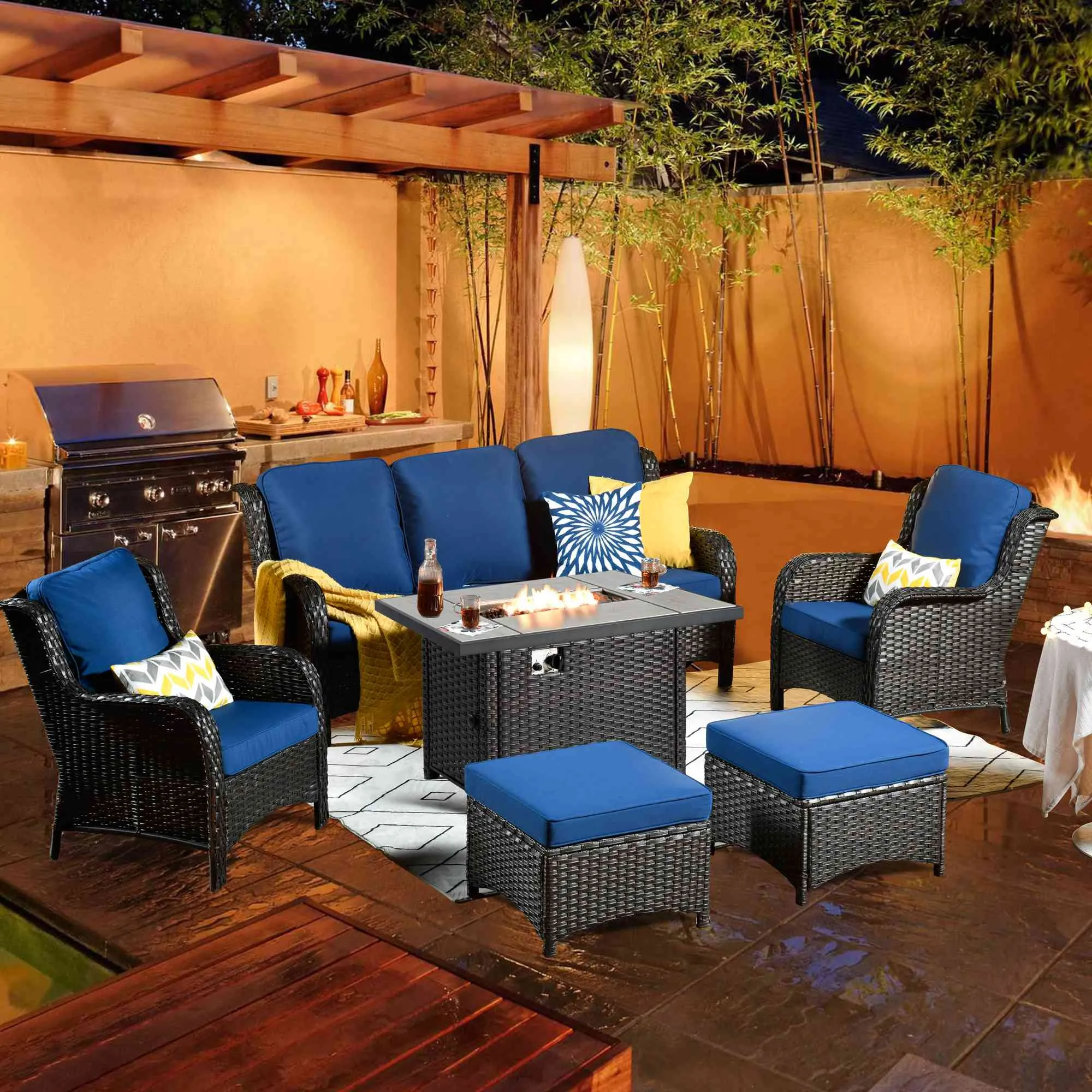 Ovios Patio 6-Piece Conversation Set with 42'' Rectangle Propane Fire Pit Table Kenard