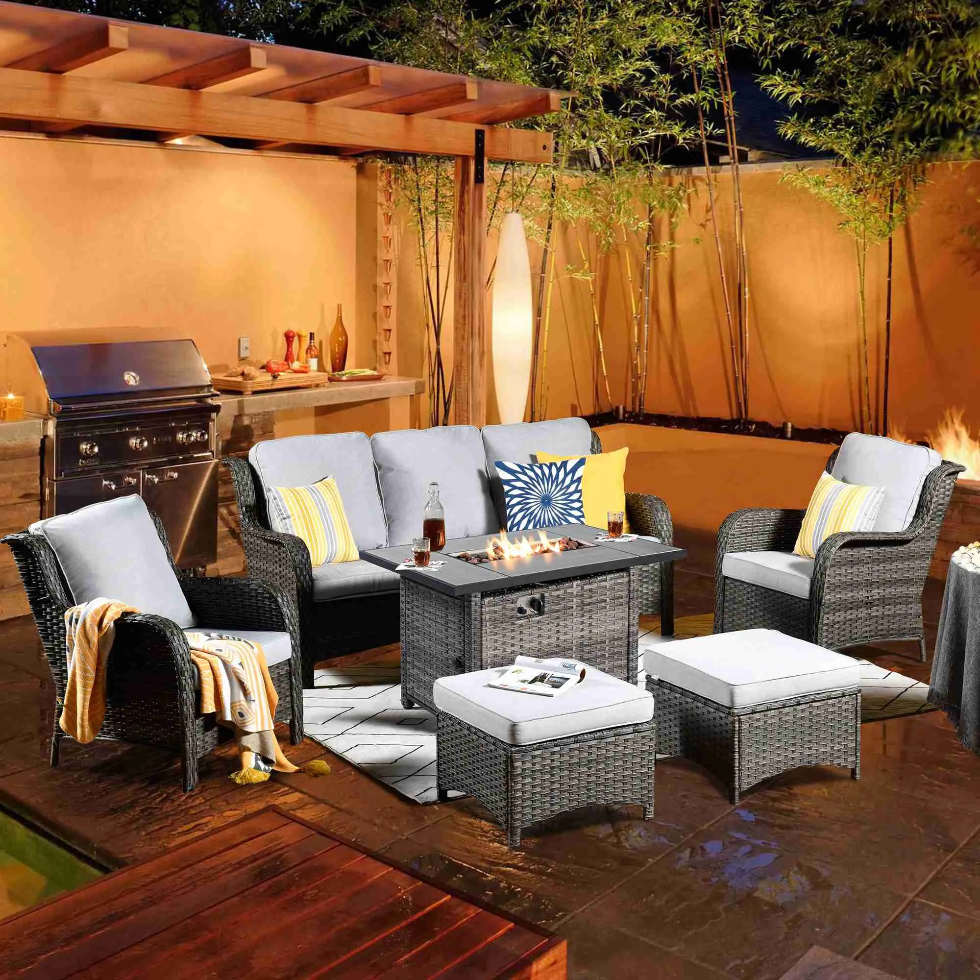 Ovios Patio 6-Piece Conversation Set with 42'' Rectangle Propane Fire Pit Table Kenard