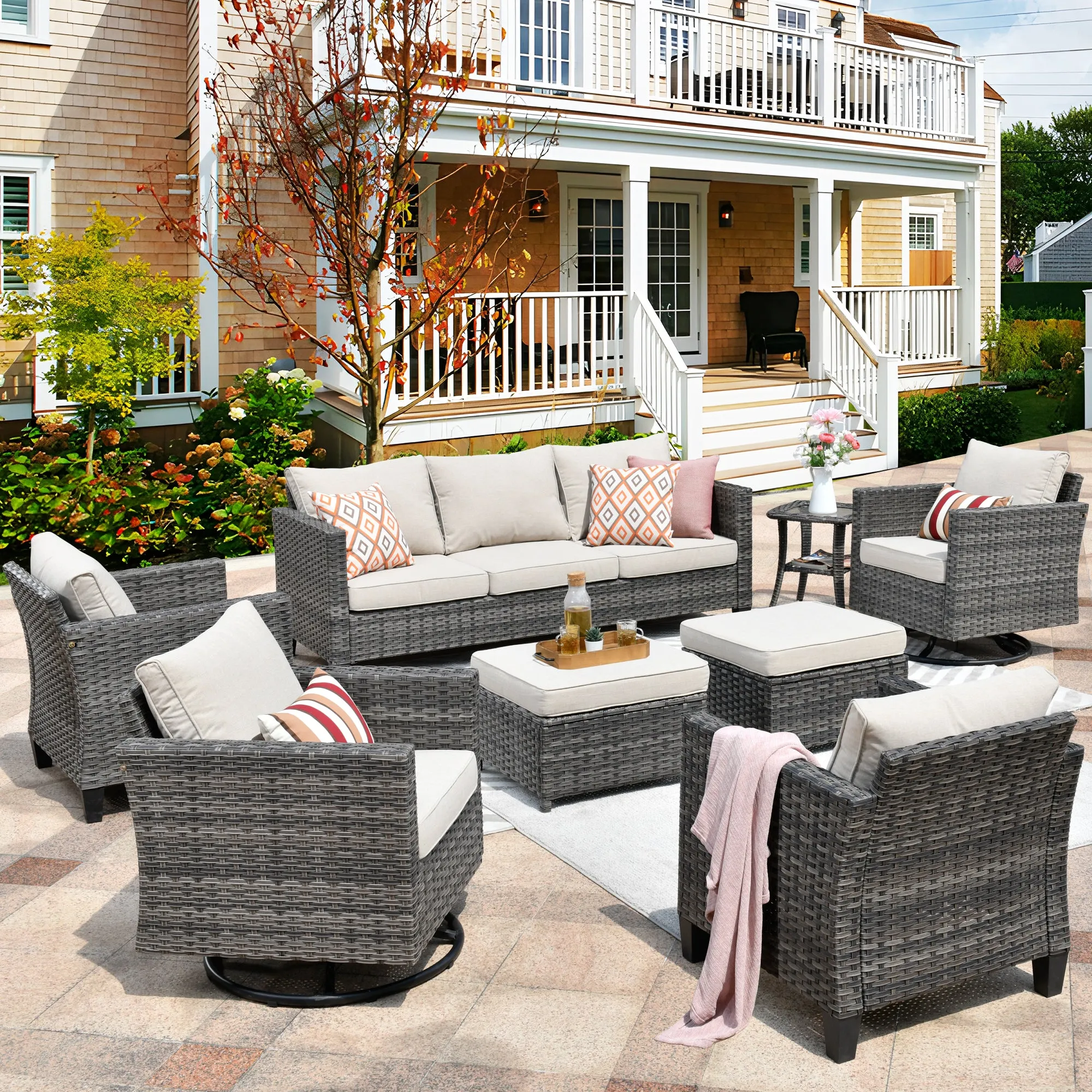 Ovios Patio Conversation Set 8-Piece with Swivel Rocking Chairs and Table