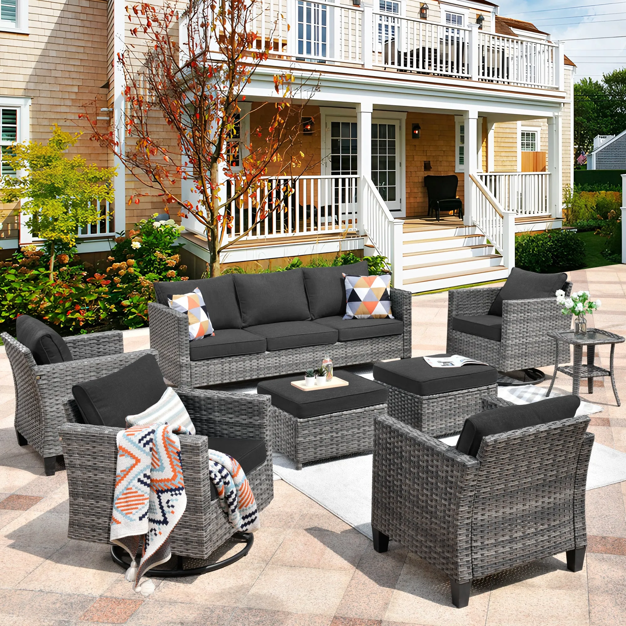 Ovios Patio Conversation Set 8-Piece with Swivel Rocking Chairs and Table