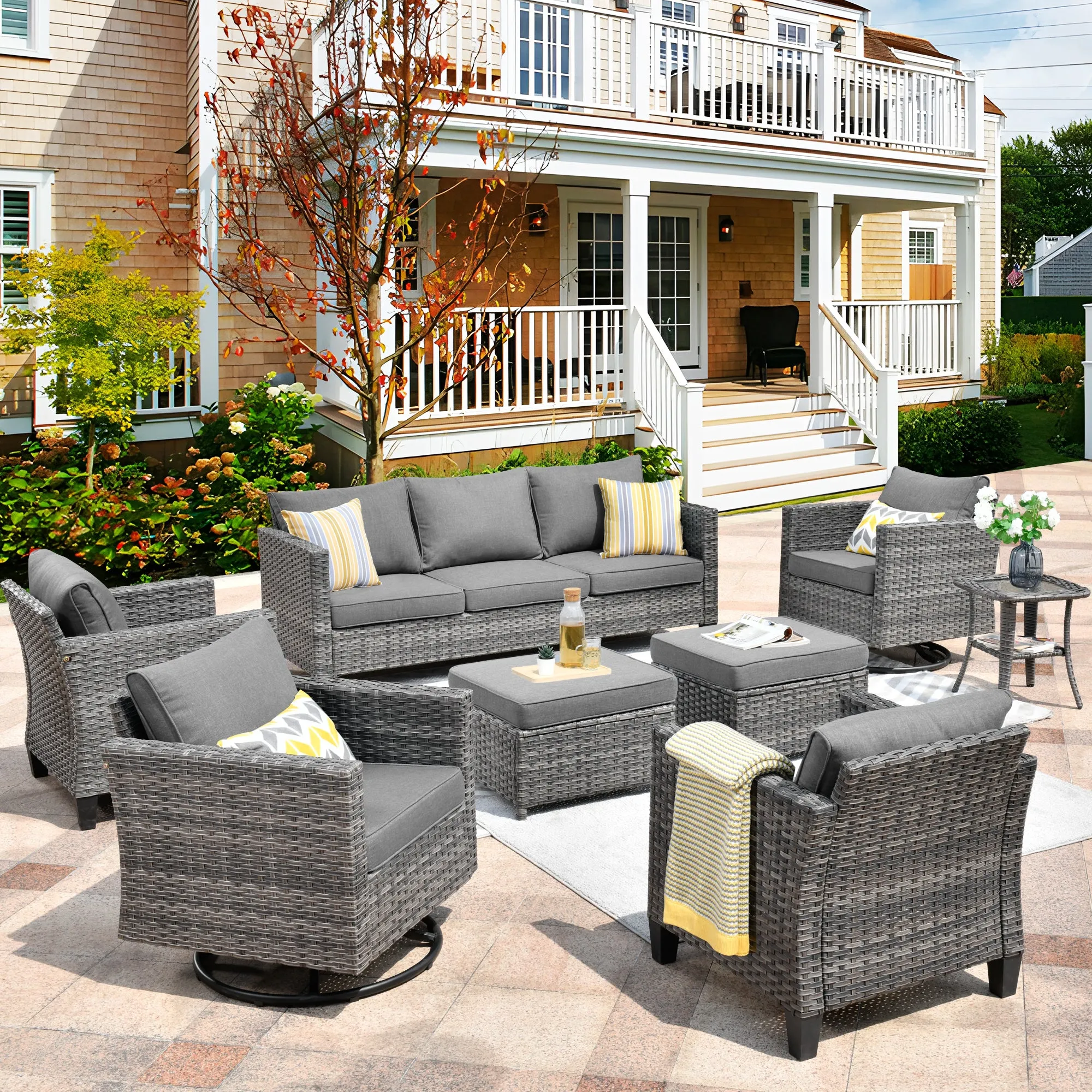 Ovios Patio Conversation Set 8-Piece with Swivel Rocking Chairs and Table