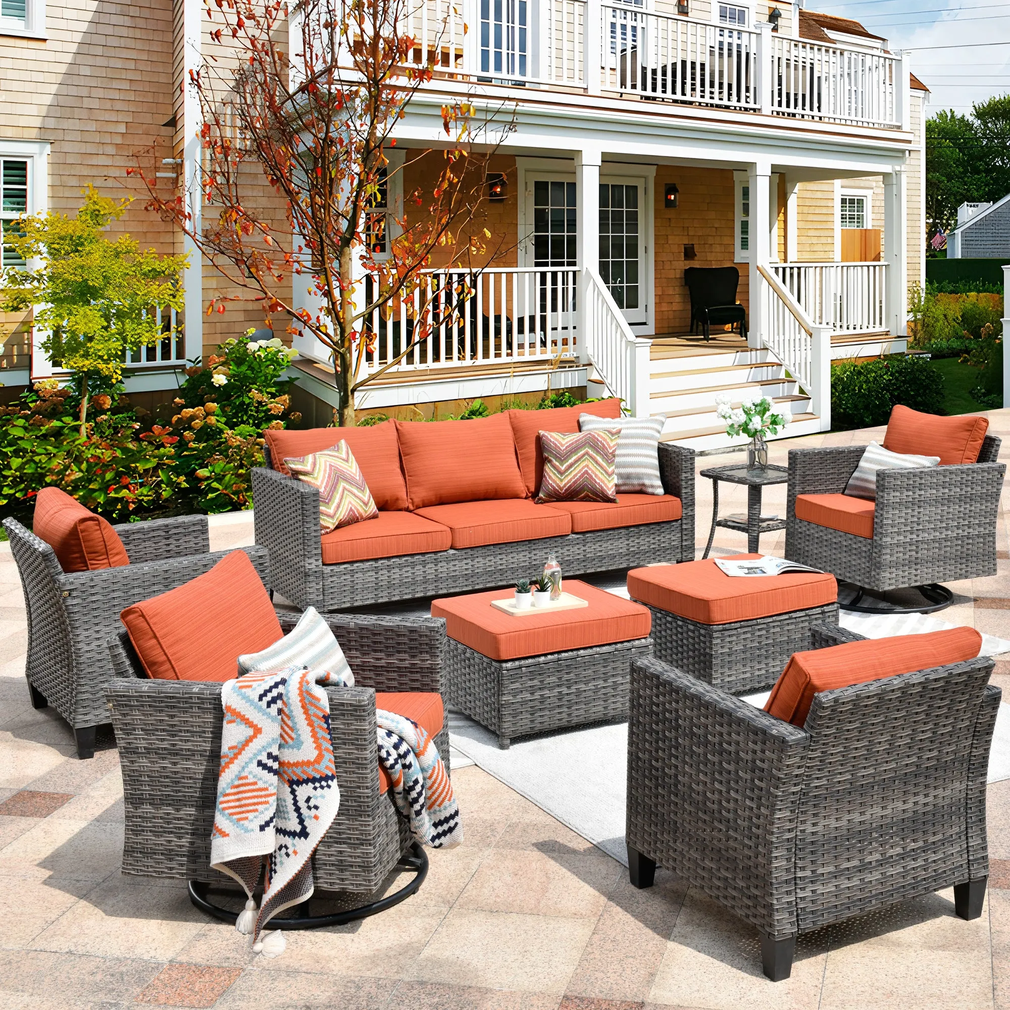 Ovios Patio Conversation Set 8-Piece with Swivel Rocking Chairs and Table