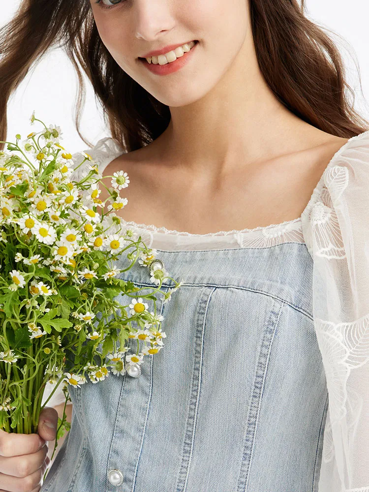 Puff Sleeve Square Neck Denim Mini Dress