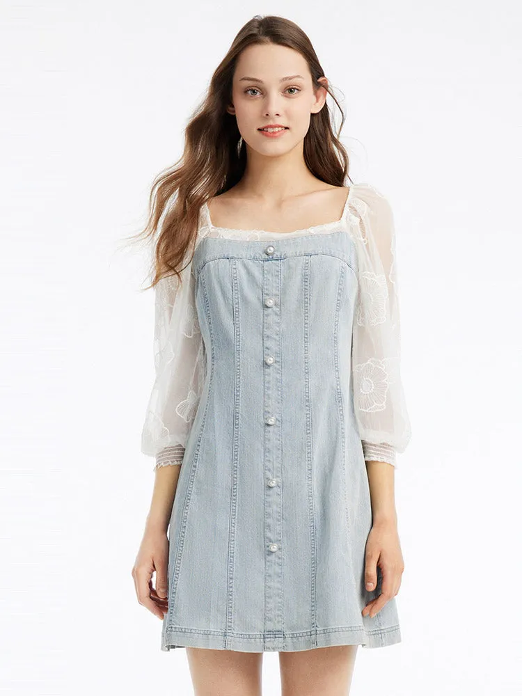 Puff Sleeve Square Neck Denim Mini Dress