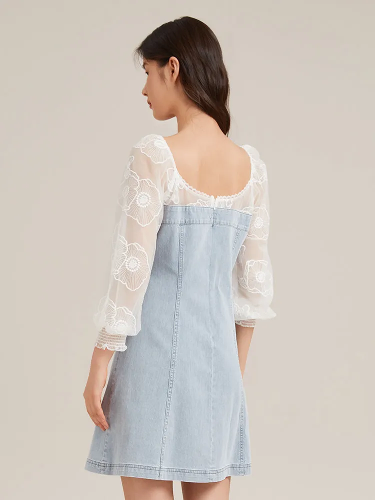 Puff Sleeve Square Neck Denim Mini Dress