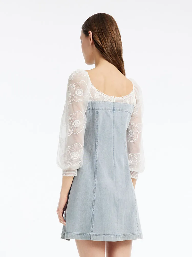 Puff Sleeve Square Neck Denim Mini Dress