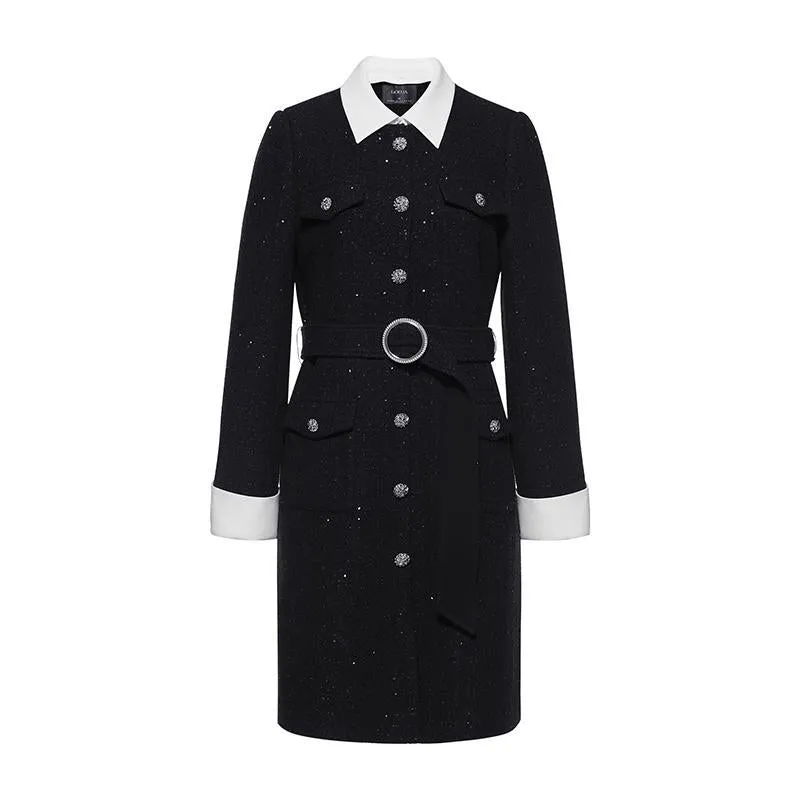 Removable Collar Tweed Waist-cinching Woolen Dress
