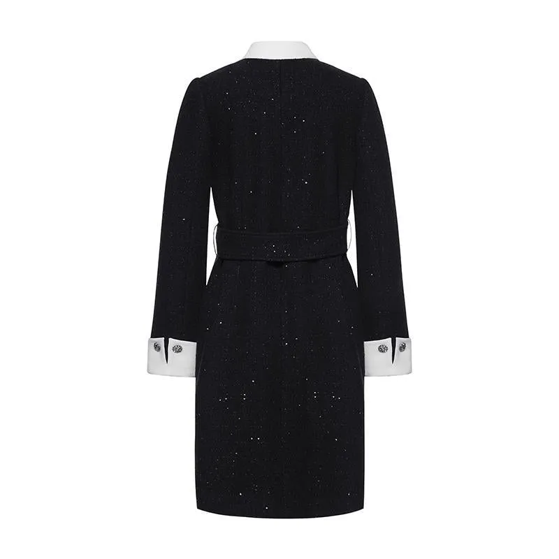 Removable Collar Tweed Waist-cinching Woolen Dress