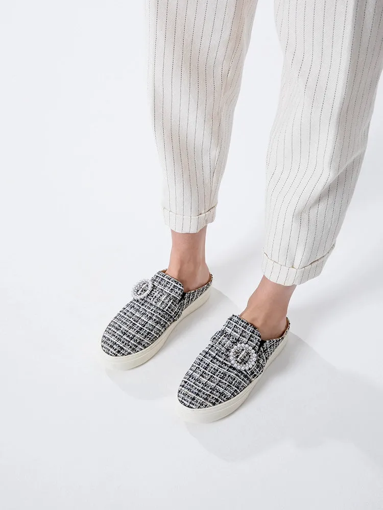 [SALE]Megan Tweed Pearl Buckle Mules