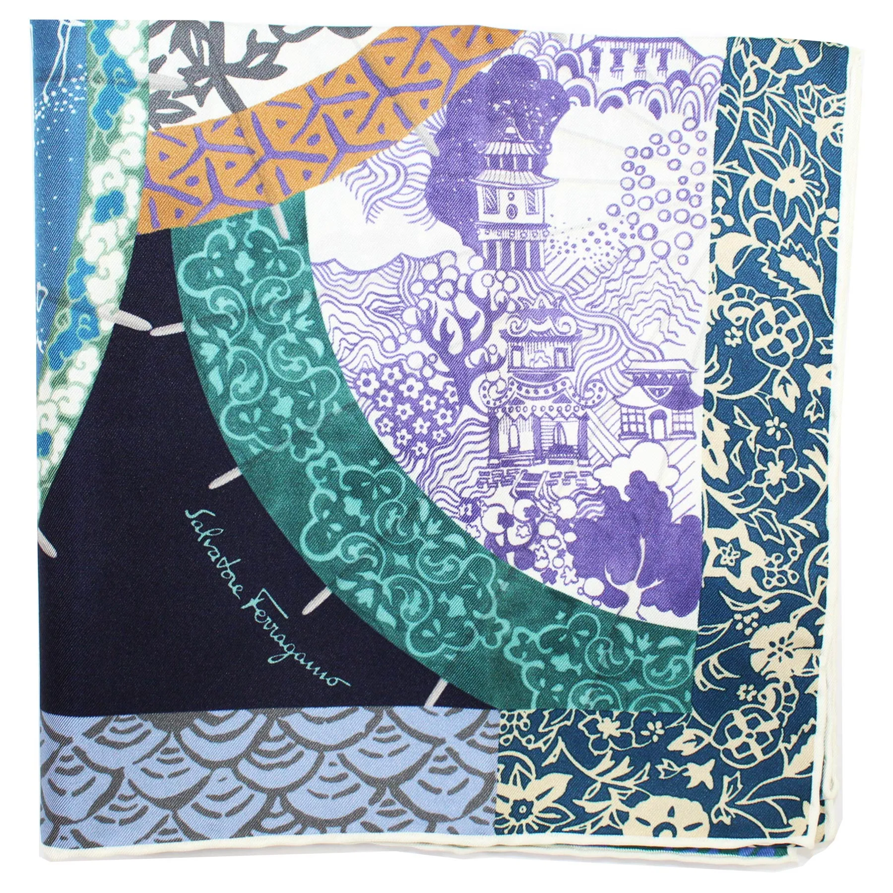 Salvatore Ferragamo Silk Scarf Navy Blue Floral Geisha - Large Square Foulard SALE