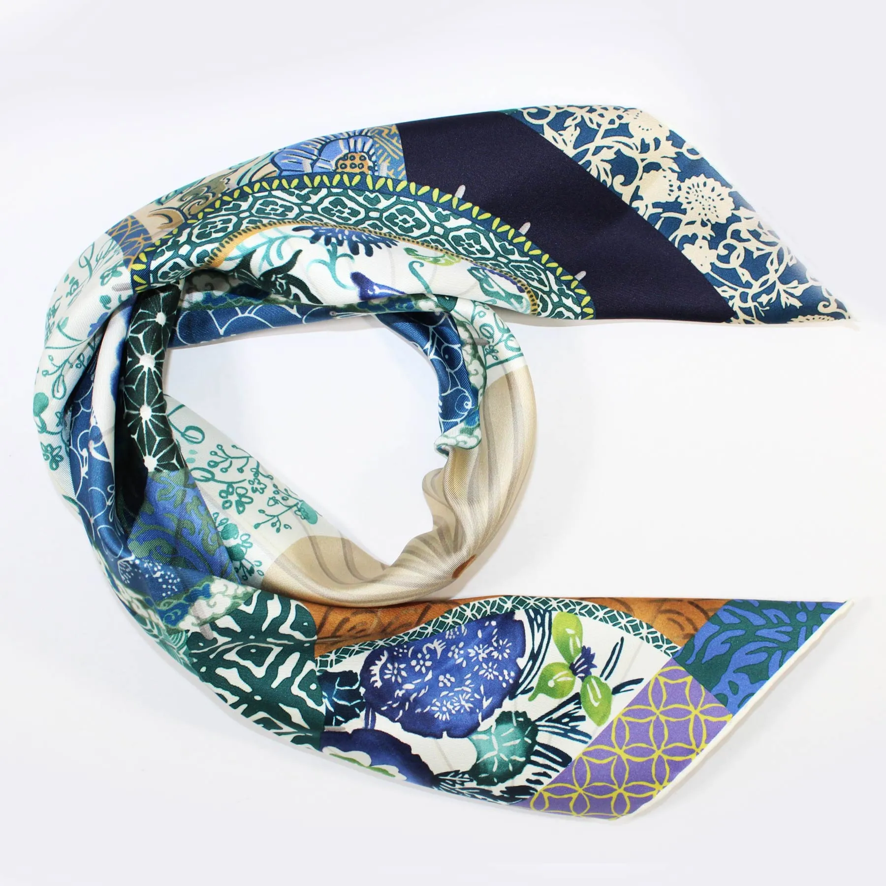 Salvatore Ferragamo Silk Scarf Navy Blue Floral Geisha - Large Square Foulard SALE