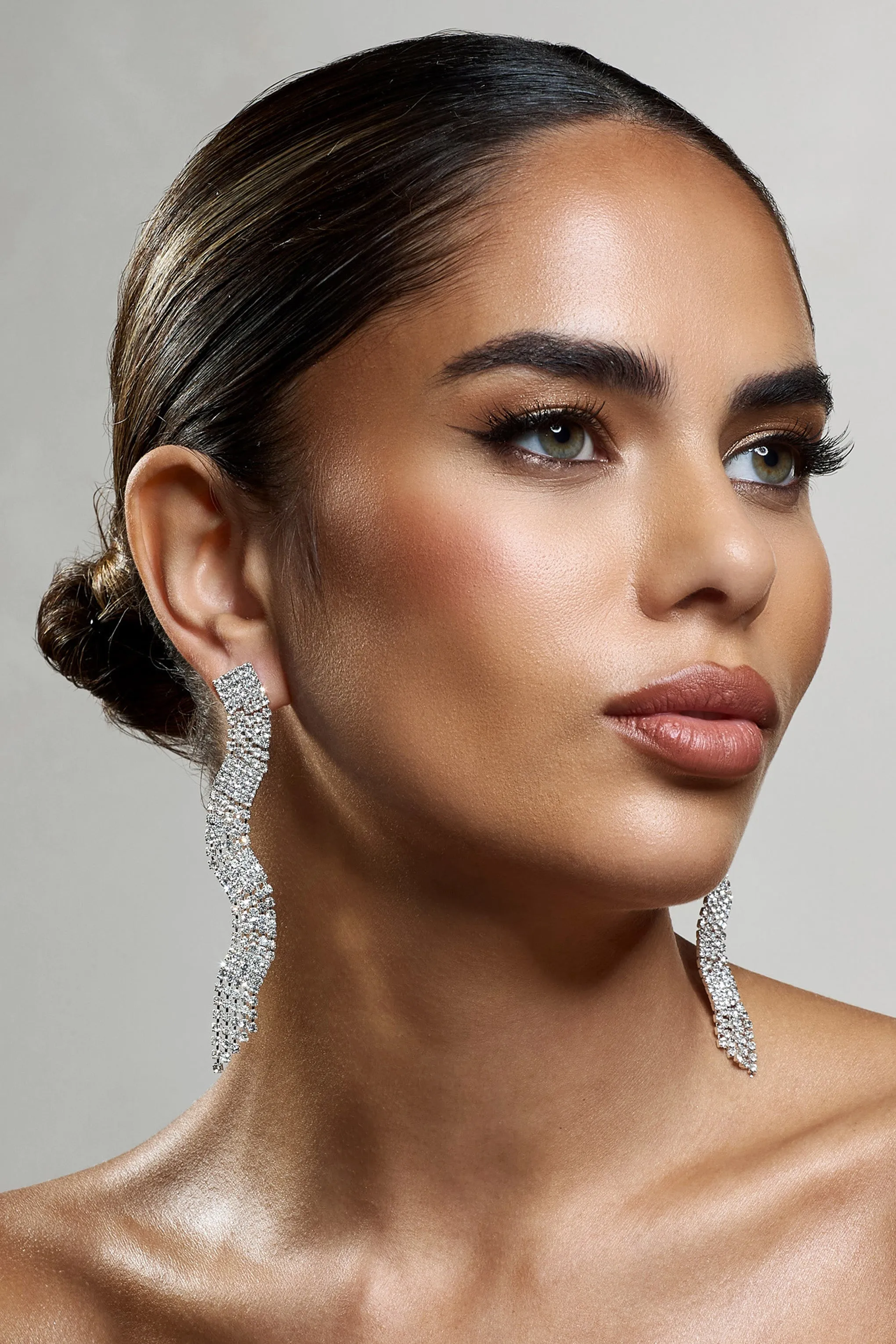 Swirl | Silver Diamante Curve Tassel Earrings