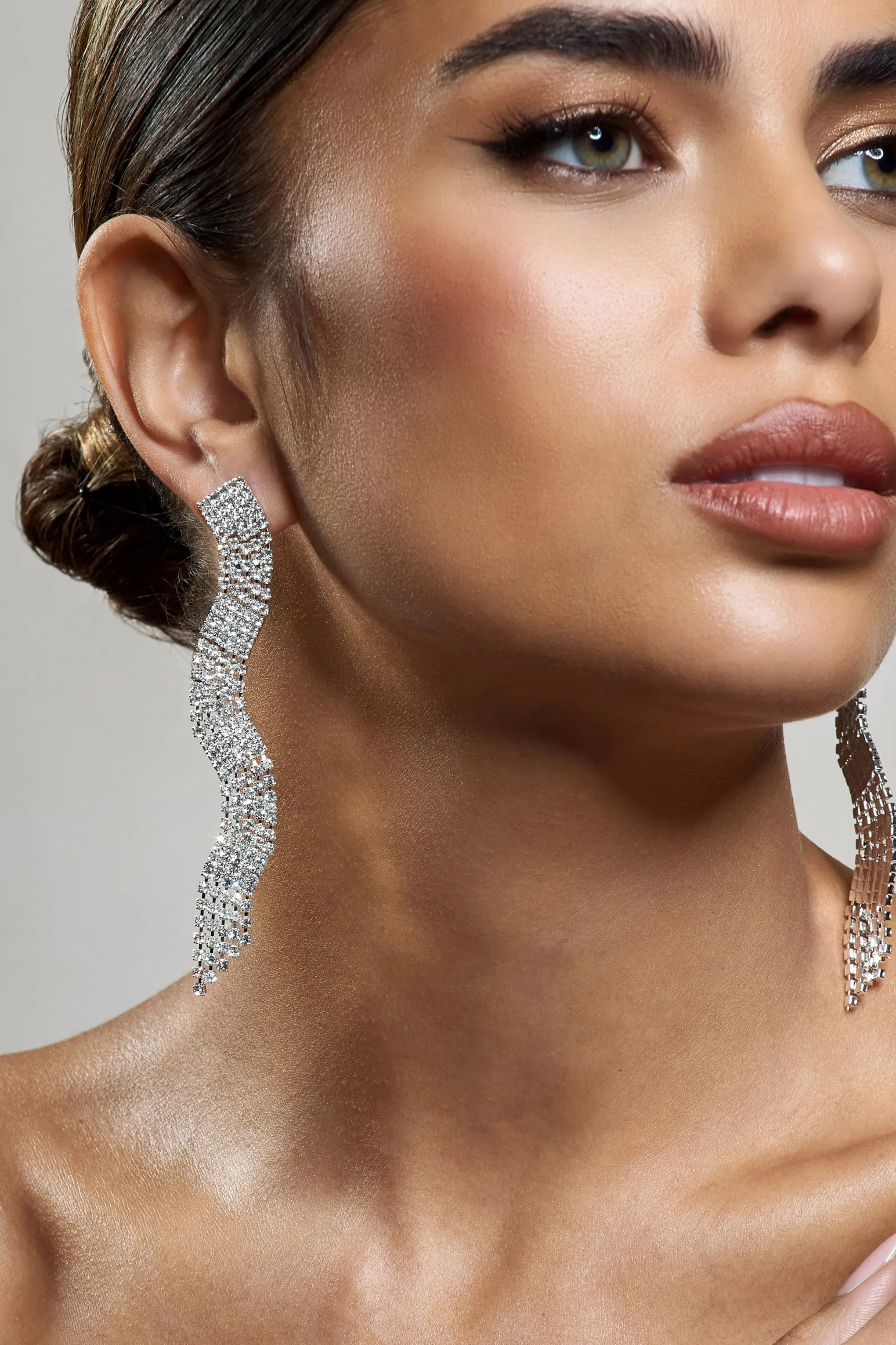 Swirl | Silver Diamante Curve Tassel Earrings