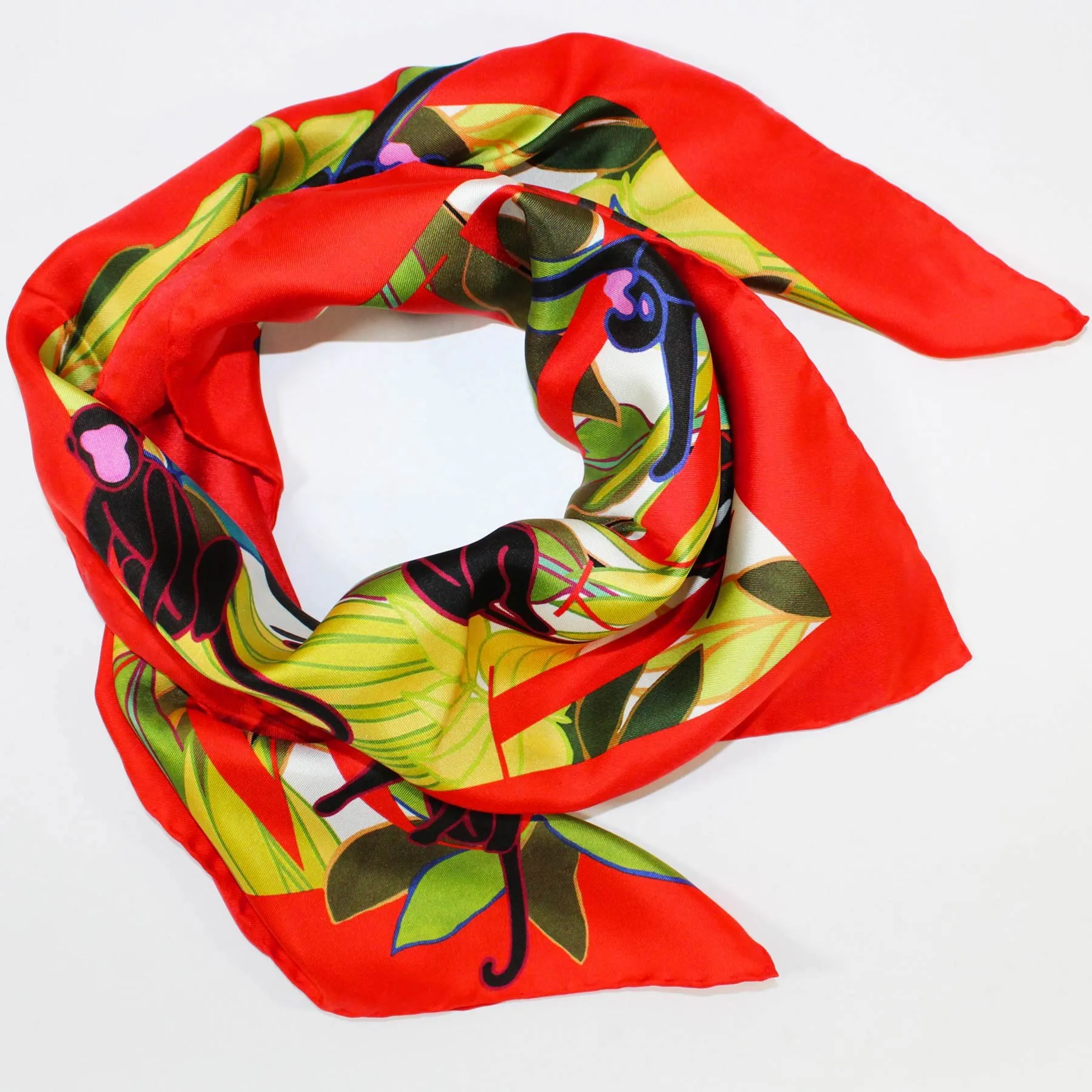 Valentino Scarf Red Green Monkey Design - 36" Square Twill Silk Women Foulard FINAL SALE