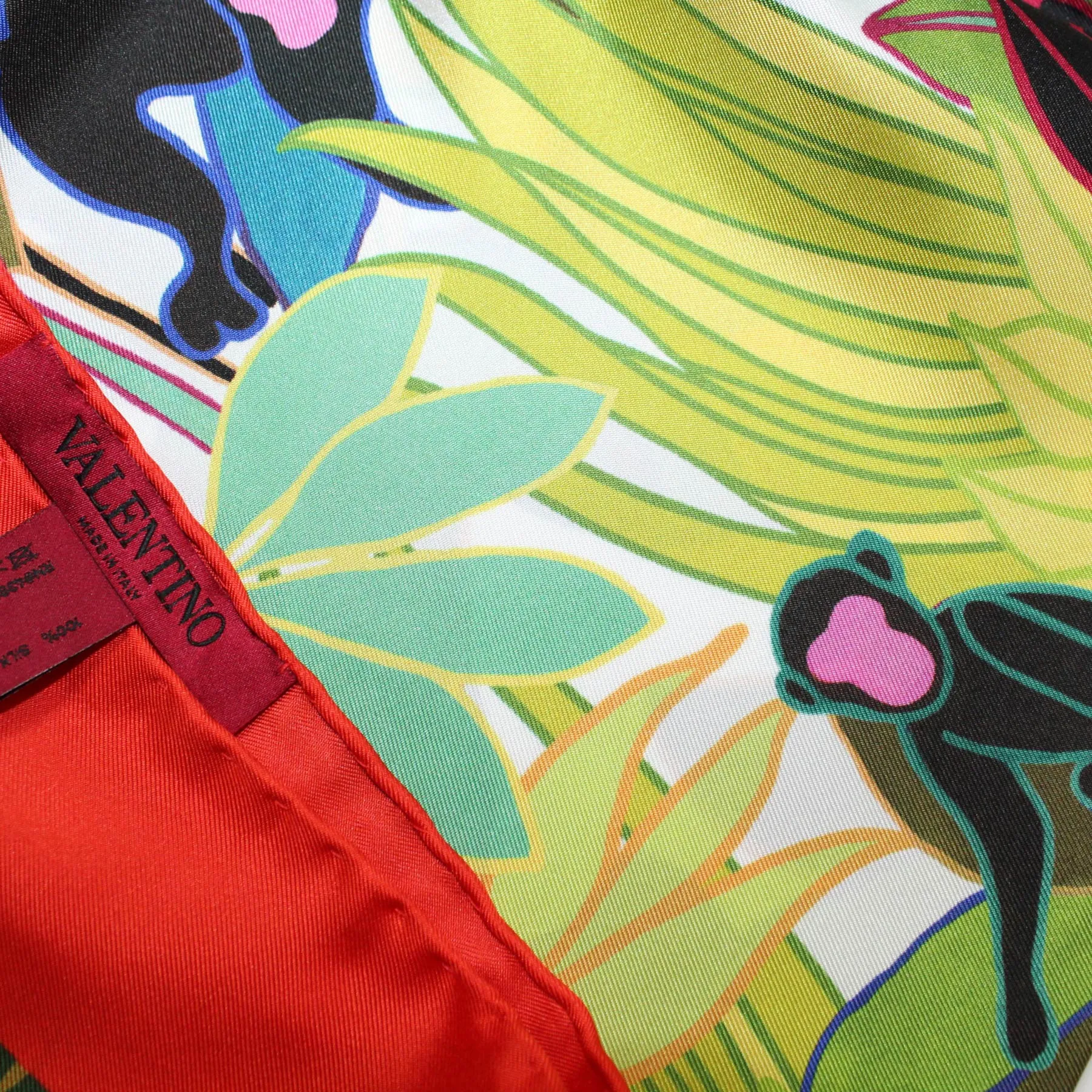 Valentino Scarf Red Green Monkey Design - 36" Square Twill Silk Women Foulard FINAL SALE