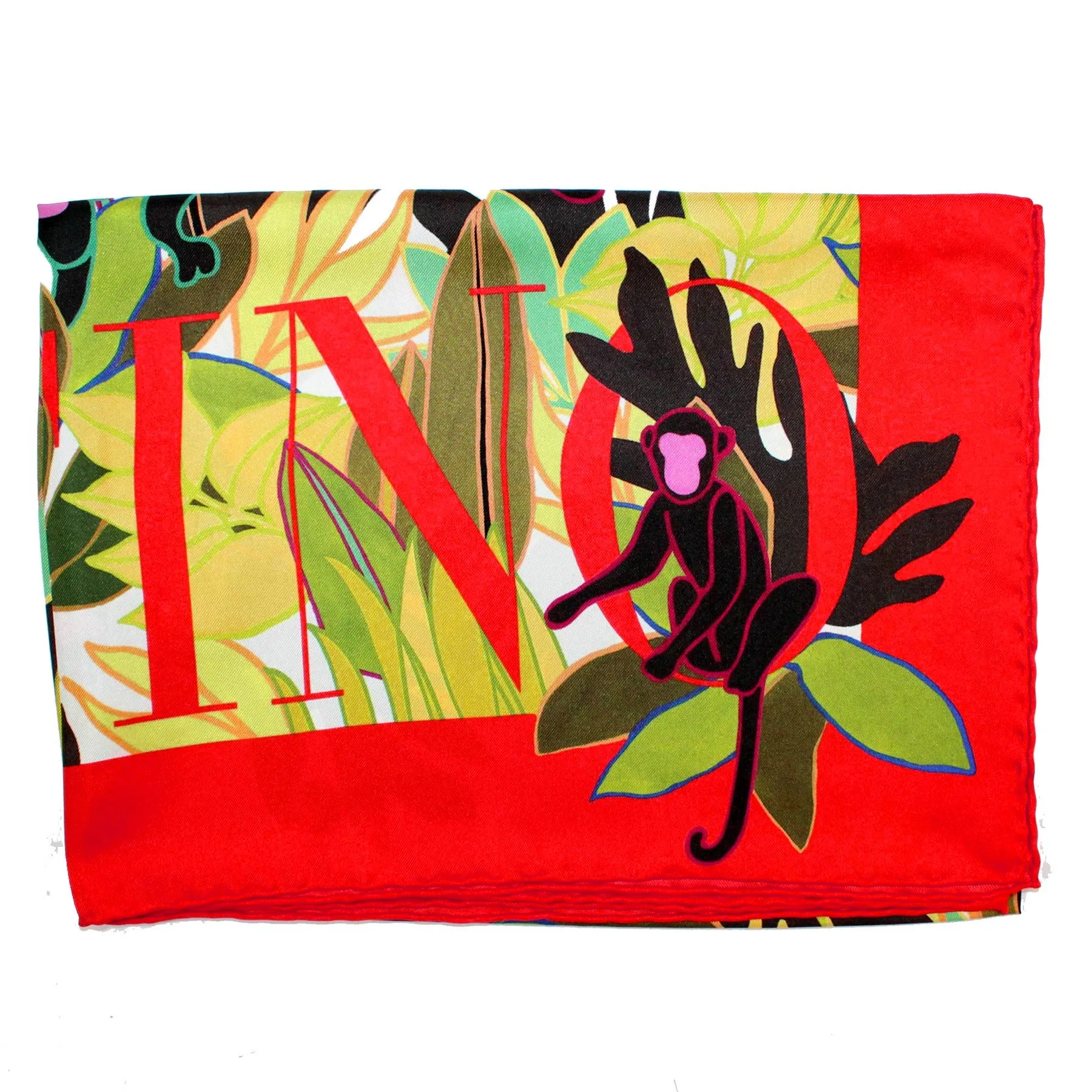 Valentino Scarf Red Green Monkey Design - 36" Square Twill Silk Women Foulard FINAL SALE