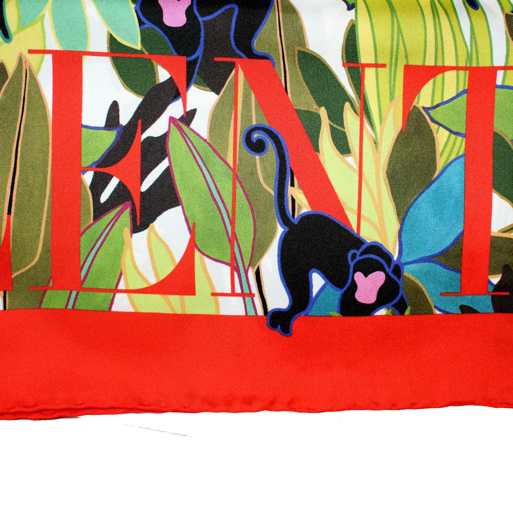 Valentino Scarf Red Green Monkey Design - 36" Square Twill Silk Women Foulard FINAL SALE