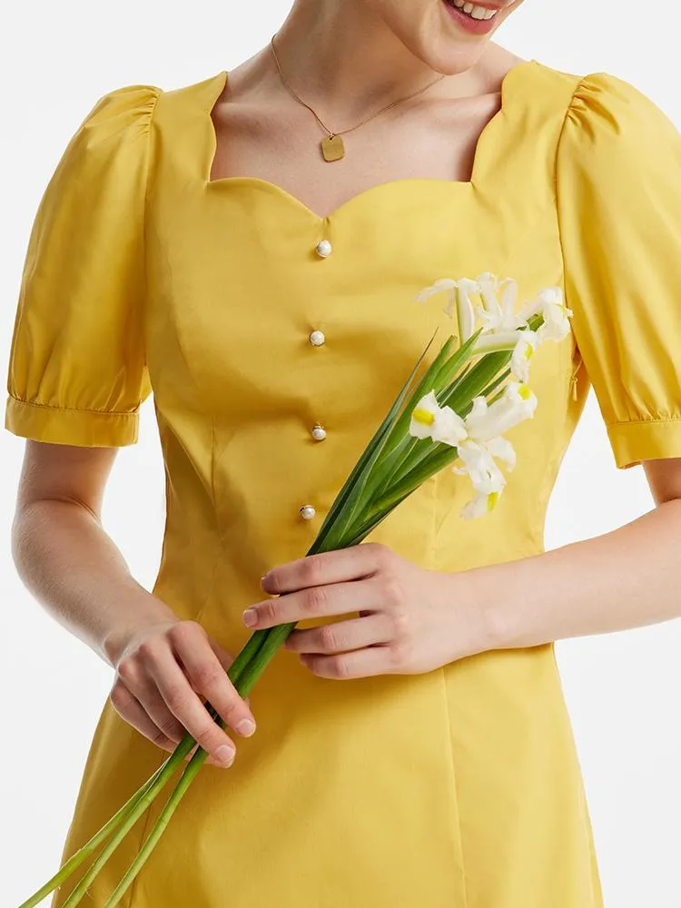 Yellow Square Neck Cotton Midi Dress