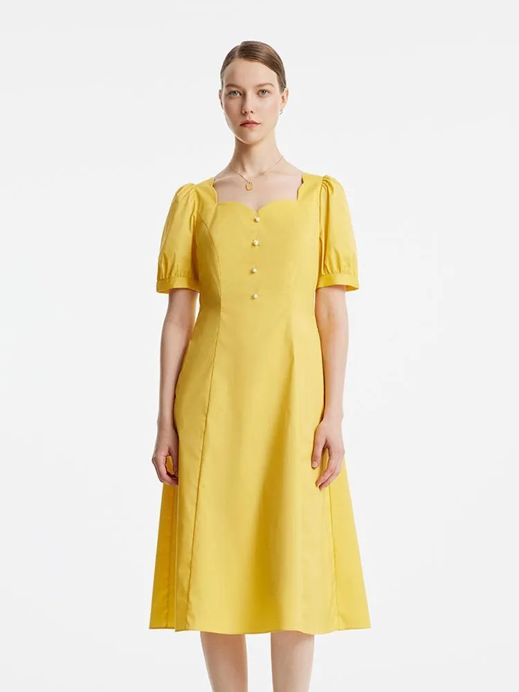 Yellow Square Neck Cotton Midi Dress