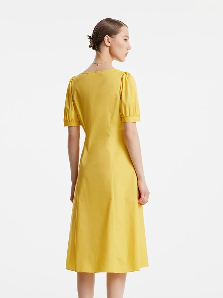 Yellow Square Neck Cotton Midi Dress