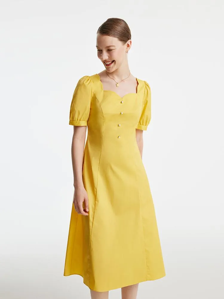 Yellow Square Neck Cotton Midi Dress